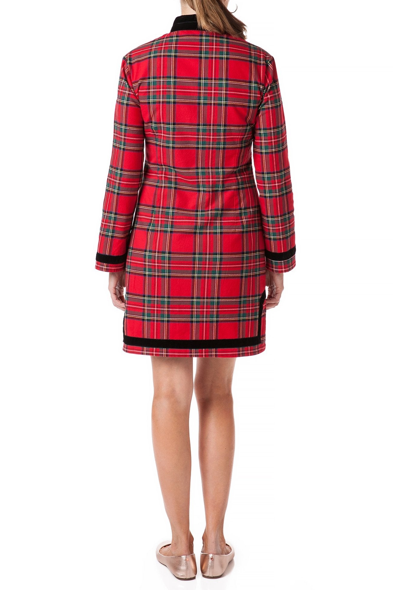 Royal Stewart Stretch Twiss Tunic Dress with Black Velvet Trim - Elegant Women's Fashion for Office, Party & Special Occasions
