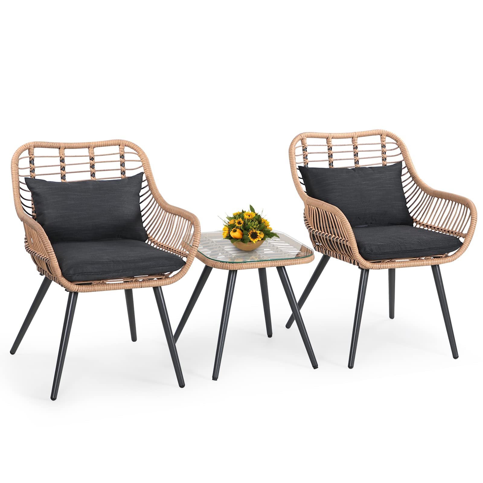 Verano Garden 3-Piece Patio Bistro Set - Outdoor Wicker Conversation Chairs with Glass Top Coffee Table & Cushions - Perfect for Balcony, Porch, Backyard, Deck, Poolside Relaxation & Entertaining