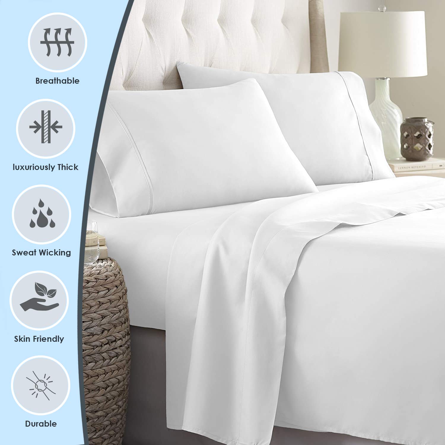 Pizuna Pure 100% Cotton King Duvet Cover Set - 1000 Thread Count Long Staple Cotton Sateen Weave with Button Closure - Ultra Soft & Breathable Combed White Duvet Cover for King Size Bed - Perfect for Luxury Bedroom, Hotel Style Comfort & All-Season Use