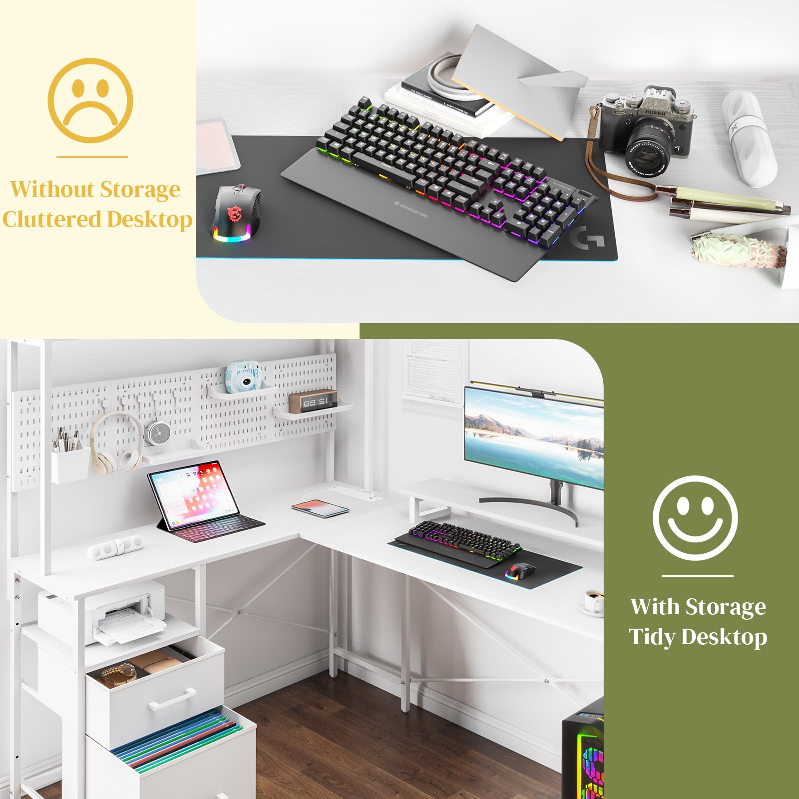 Yoobure L-Shaped Gaming Desk with LED Lights, Power Outlets & Pegboard - Reversible Corner Computer Desk with Drawers, Storage Shelves & Monitor Stand - Perfect for Home Office, Gaming Setup & Workspace Organization
