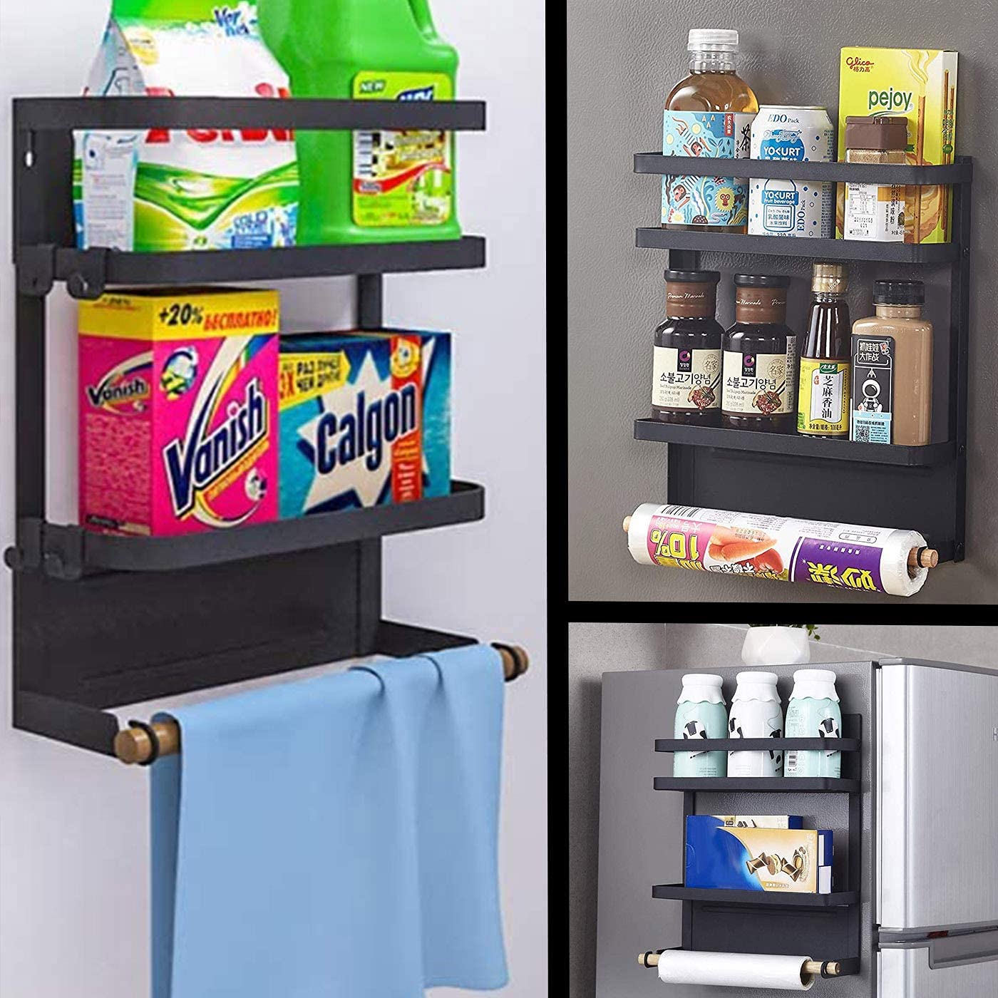 Magnetic Spice Rack for Refrigerator - Strong Magnetic Paper Towel Holder & Fridge Organizer - Kitchen Storage Shelf for Spices, Condiments & Utensils - Space Saving Black Organizer (Perfect for Small Kitchens, Dorms & RVs)