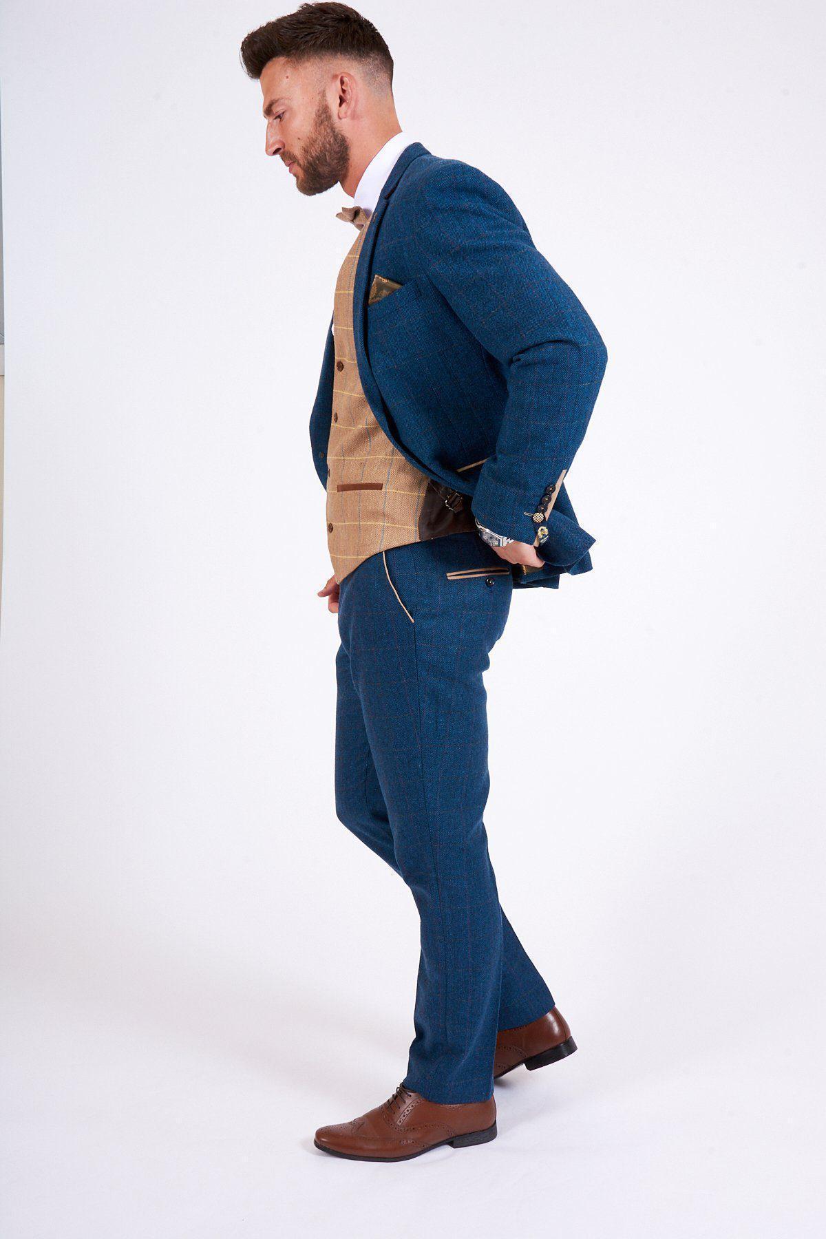 Stylish Blue Tweed Check Suit with DX7 Oak Waistcoat - Perfect for Business Meetings, Weddings & Formal Events