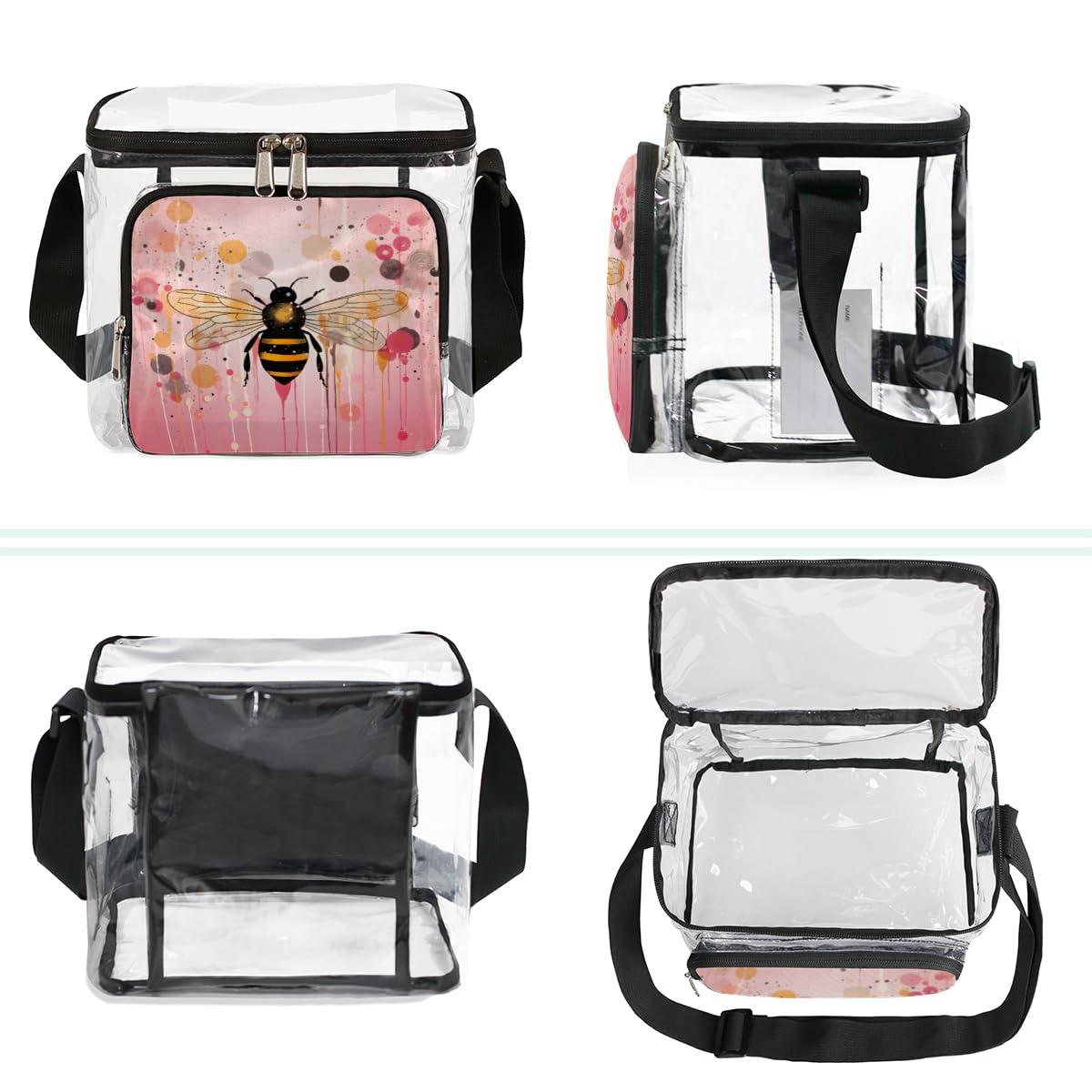 GzLeyigou Honeybee Clear Tote Bag with Handles - Transparent Floral Crossbody Shoulder Bag for Lunch, Outdoor, Travel, Picnic, Concerts & Sports Events - Stadium Approved Clear Purse for Women & Girls (Perfect for Beach, Theme Parks & Music Festivals)