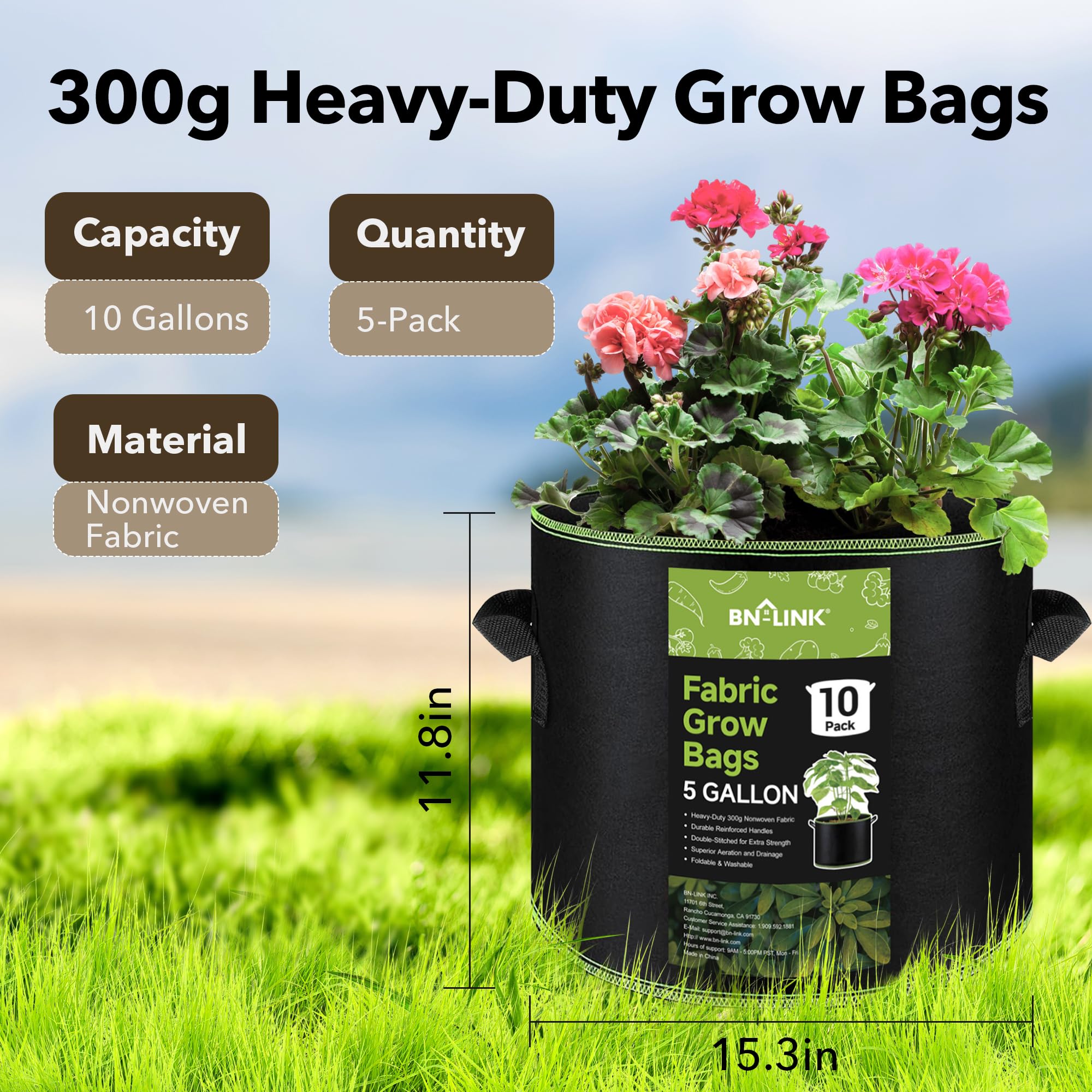 BN-LINK 10-Pack 5 Gallon Heavy Duty Aeration Fabric Grow Bags with Handles - Thickened Nonwoven Plant Pots for Vegetables, Flowers, Fruits - Ideal for Indoor/Outdoor Gardening, Container Planting & Hydroponics