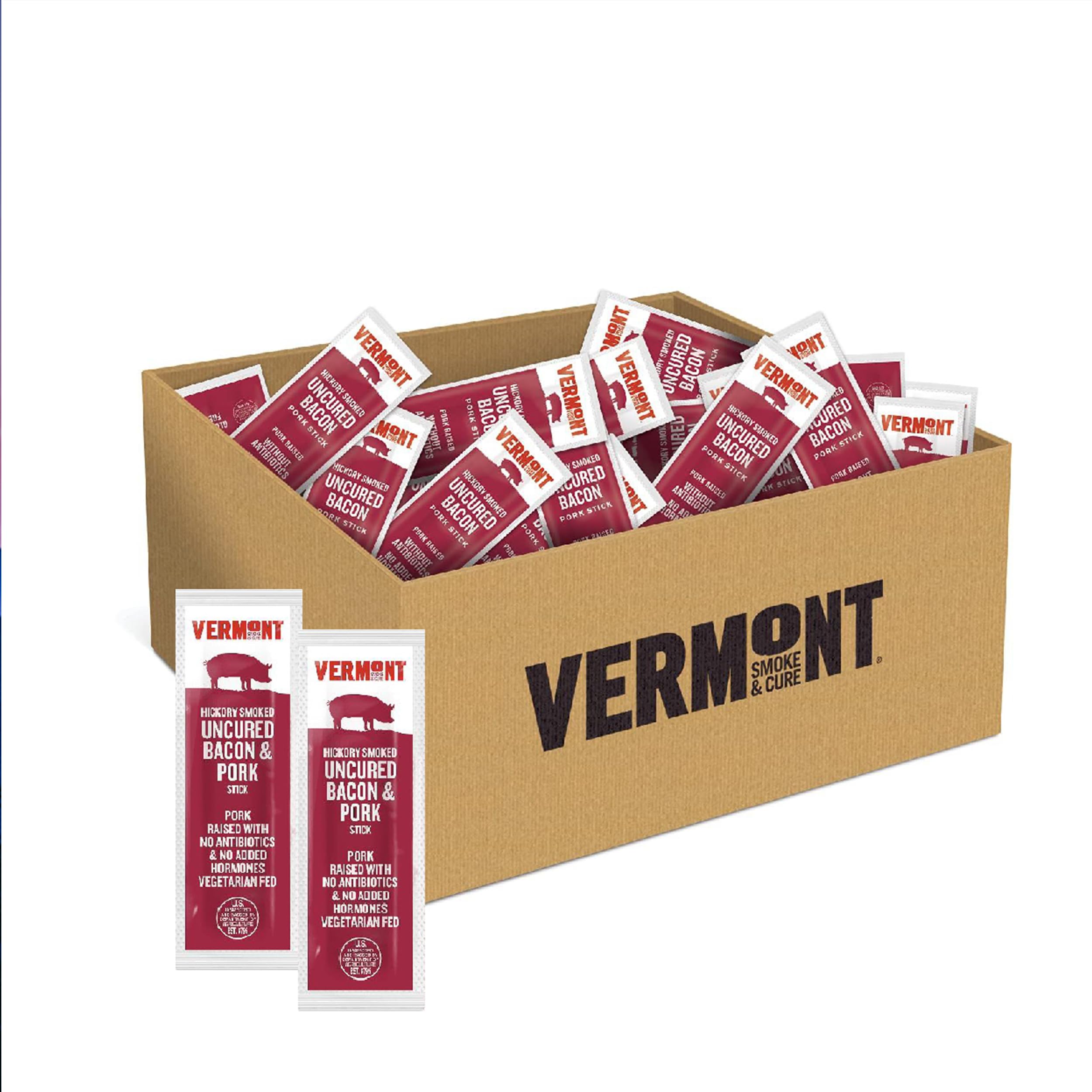 Vermont Smoke & Cure Hickory-Smoked Uncured Pork Bacon Sticks - High Protein Snacks, No Antibiotics or Hormones, 0.5 oz (96 Count) - Perfect for Hiking, Camping, Road Trips & Keto Diet