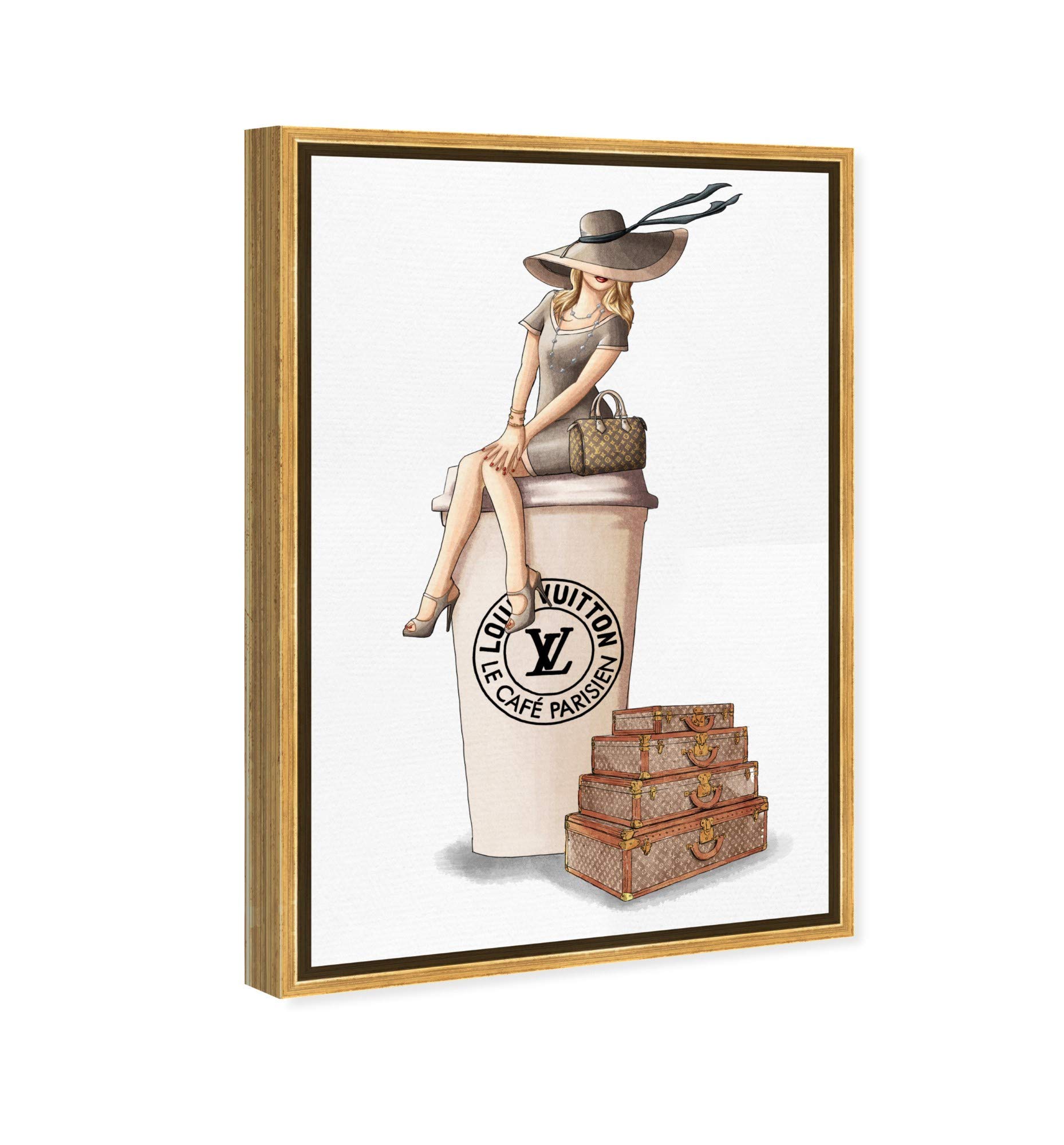 Oliver Gal Artist Co. 'Cafe au Lait Paris' Fashion Wall Art - 24x36 Inch Framed Canvas Print in Brown | Handbag & Glam Decor for Living Room, Bedroom & Office