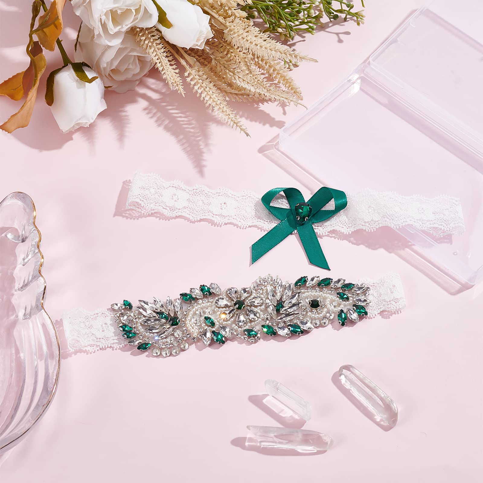 WEBEEDY 2Pcs Rhinestone Wedding Garter Set - Stretch Lace Bridal Garter Belt with Sparkling Rhinestones, Elegant Green Lace Leg Garter for Bride - Perfect for Wedding, Boudoir, Bridal Shower & Photo Shoots