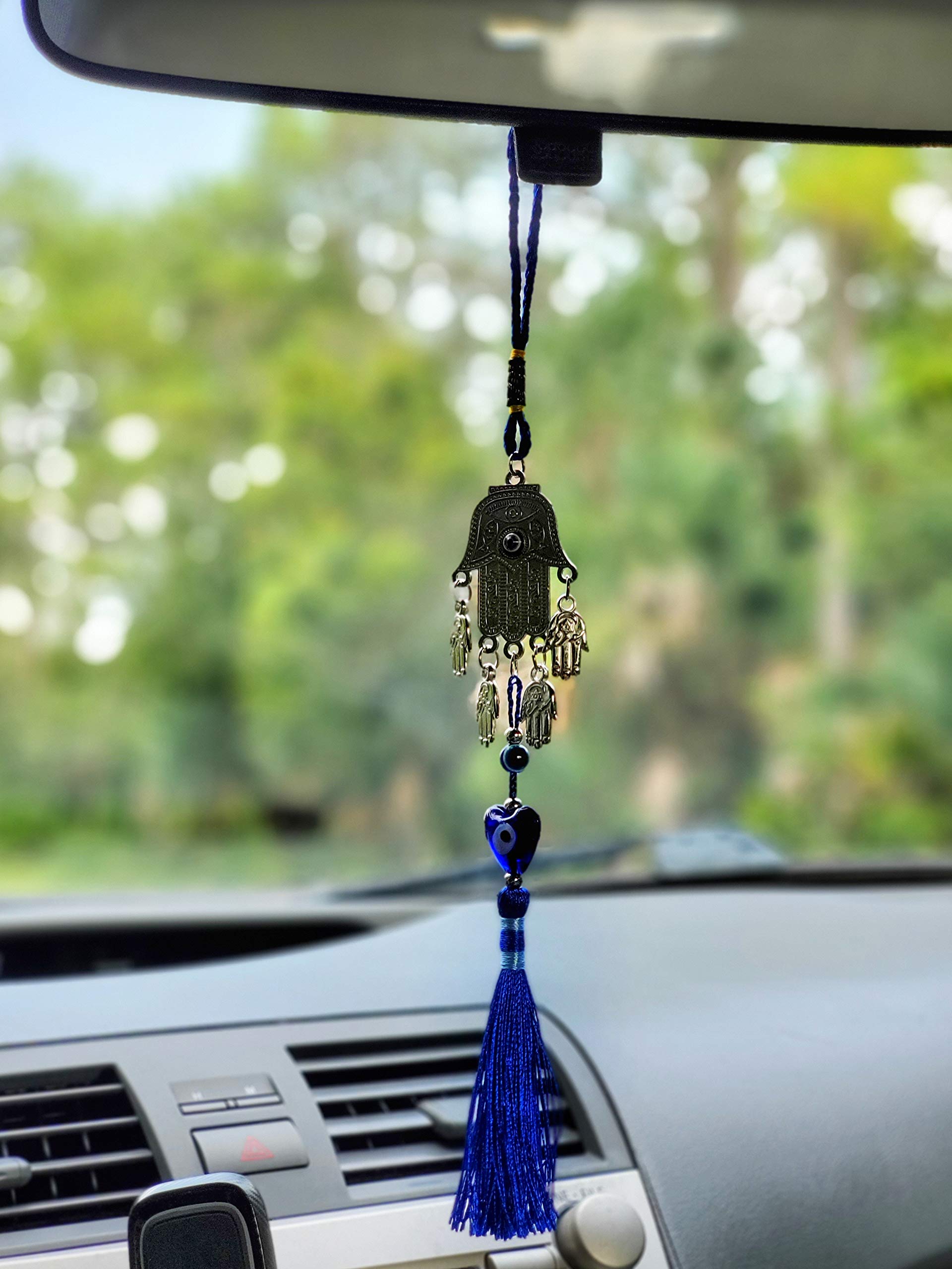 LUCKBOOSTIUM Silver Hamsa Hand Charm with 4 Mini Hamsas, Evil Eye & Tassel - Spiritual Protection Amulet for Home Decor & Car Mirror (2”x12”) - Perfect for Gifts, Meditation Spaces & Positive Energy