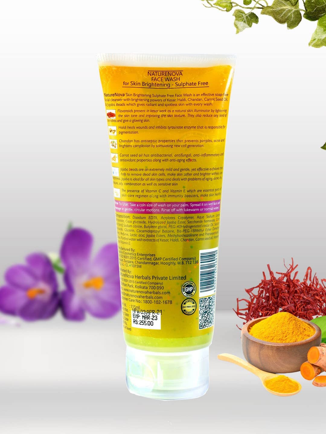 NATURENOVA HERBALS Brightening Face Wash with Kesar, Haldi, Chandan & Jojoba Beads - Vitamin C & E for Glowing Skin - Reduces Blemishes & Wrinkles - Sulfate & Paraben Free - 115ml | Perfect for Daily Skincare Routine & Anti-Aging Care