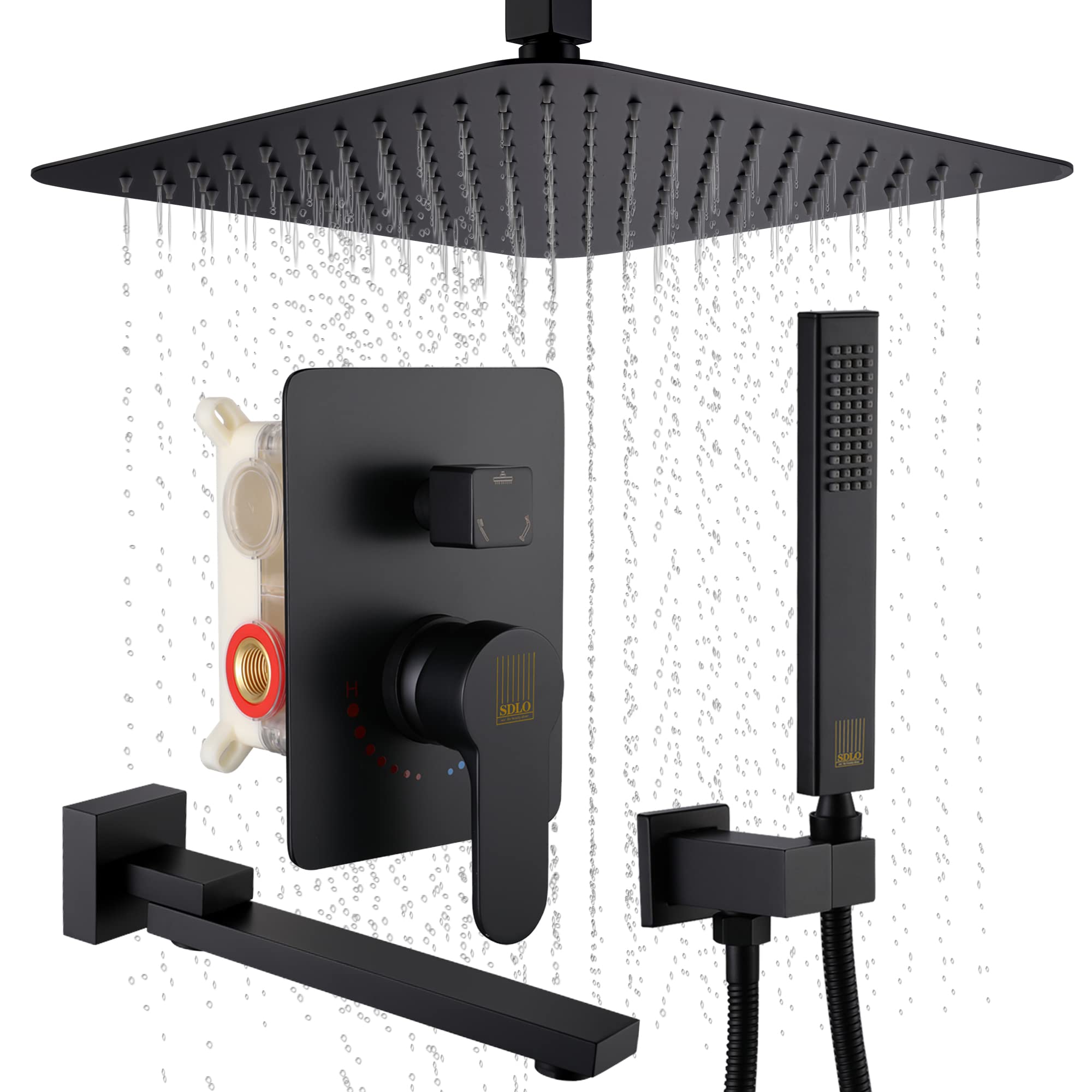 SDLO Matte Black 12 Inch Rainfall Shower System with Tub Spout - Ultra Thin Ceiling Mount Shower & Handheld Combo - Air Compressor Technology Showerhead Set - Perfect for Modern Bathroom & Spa Experience