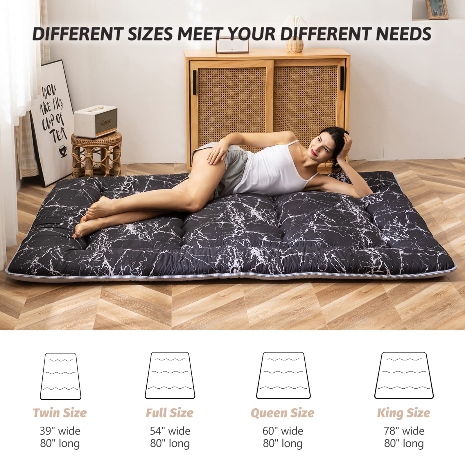 Black Marble Printed Japanese Futon Floor Mattress - Thick Roll-Up Sleeping Pad for Camping, Guest Bed & Home Use | King Size Floor Bed & Couch Topper | Perfect for Small Spaces, Sleepovers & Outdoor Adventures