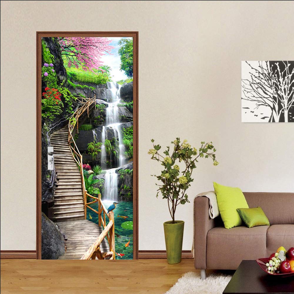 Eco-Friendly 3D Landscape Staircase Door Decals - Self-Adhesive Wall Stickers for Bedroom Decor, Home Renovation - 30.3×78.8 Inch Peel & Stick Murals - Perfect for Nursery, Living Room & Office Wall Art