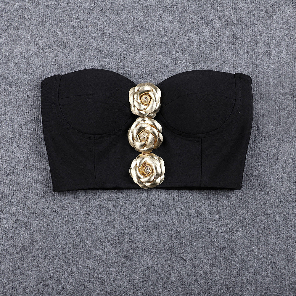 3D Flower Embellished Black Dress Set - Elegant Floral Lace Outfit for Women | Perfect for Parties, Weddings & Special Occasions