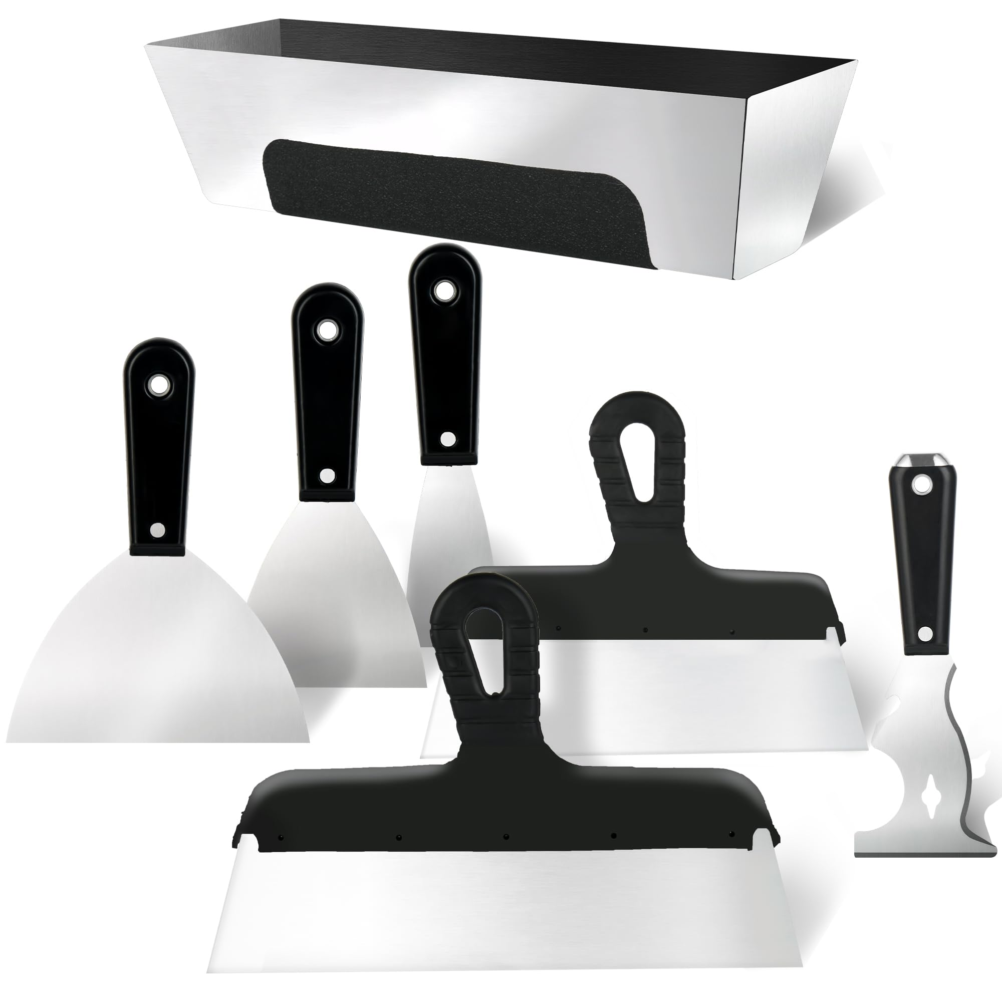 7PCS Drywall Knife Set - Stainless Steel 2” 3” 4” 6” 10” 12” Putty Knives, Taping Knives & Painter Scraper with 12” Mud Pan - Professional Spackle Tool Kit for Drywall Repair, Patching & Painting Projects - Perfect for Home Renovation, DIY Projects & Professional Construction Work