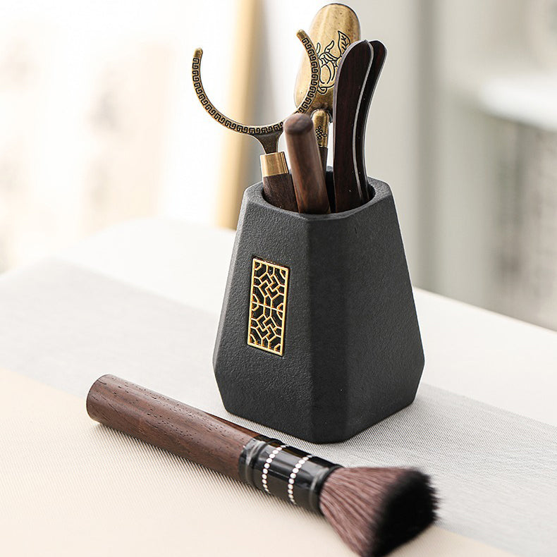 Premium Ebony Wood Tea Set with Black Ceramic Holder - Traditional Japanese Style Tea Accessories for Matcha, Green Tea & Herbal Brewing - Perfect for Tea Ceremonies, Home Decor & Gift Giving
