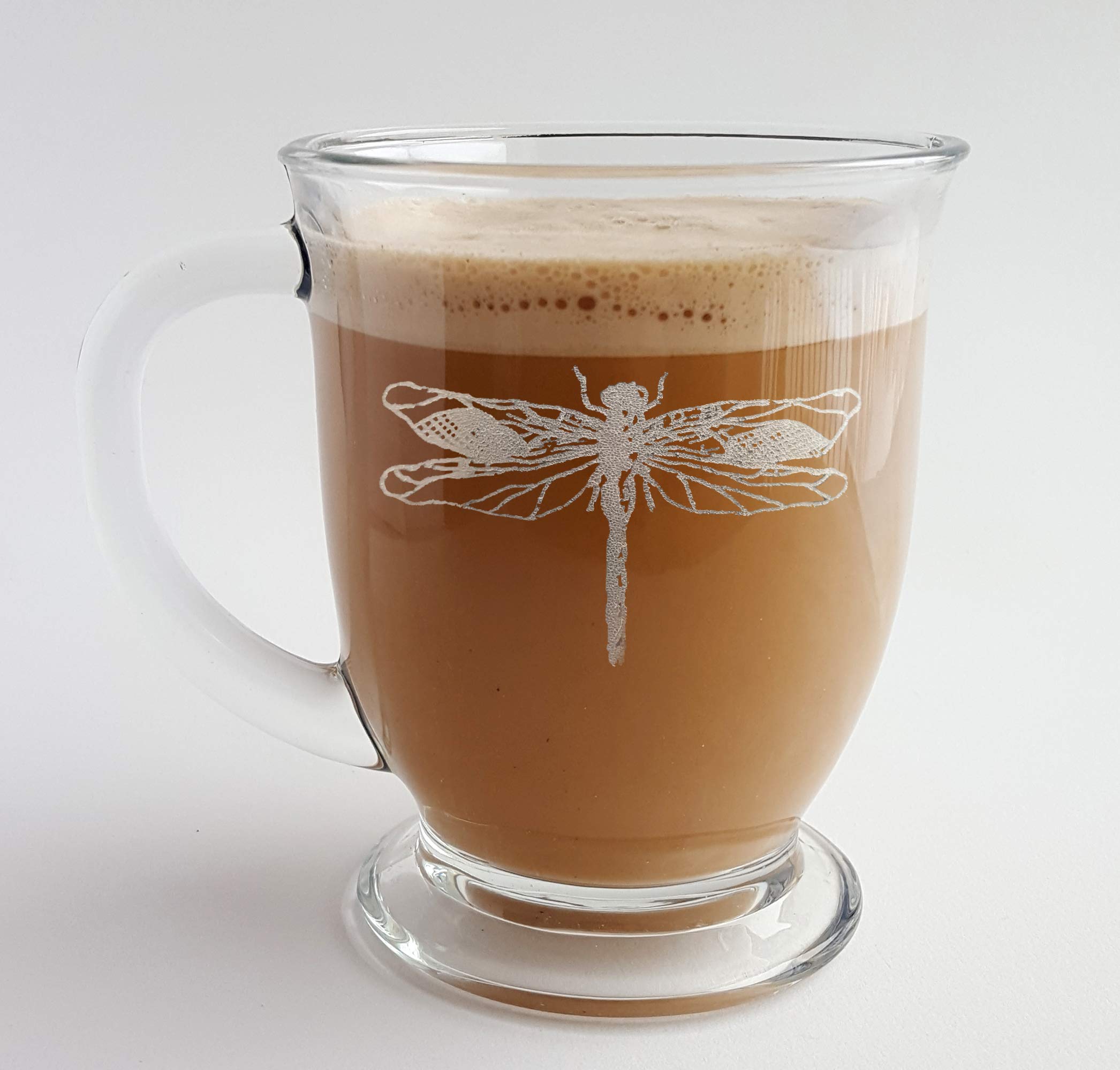 Set of 6 Dragonfly Design Glass Coffee Mugs - 16oz with Free Engraved Personalization | Elegant Drinkware for Home, Office, Restaurant & Gift Giving