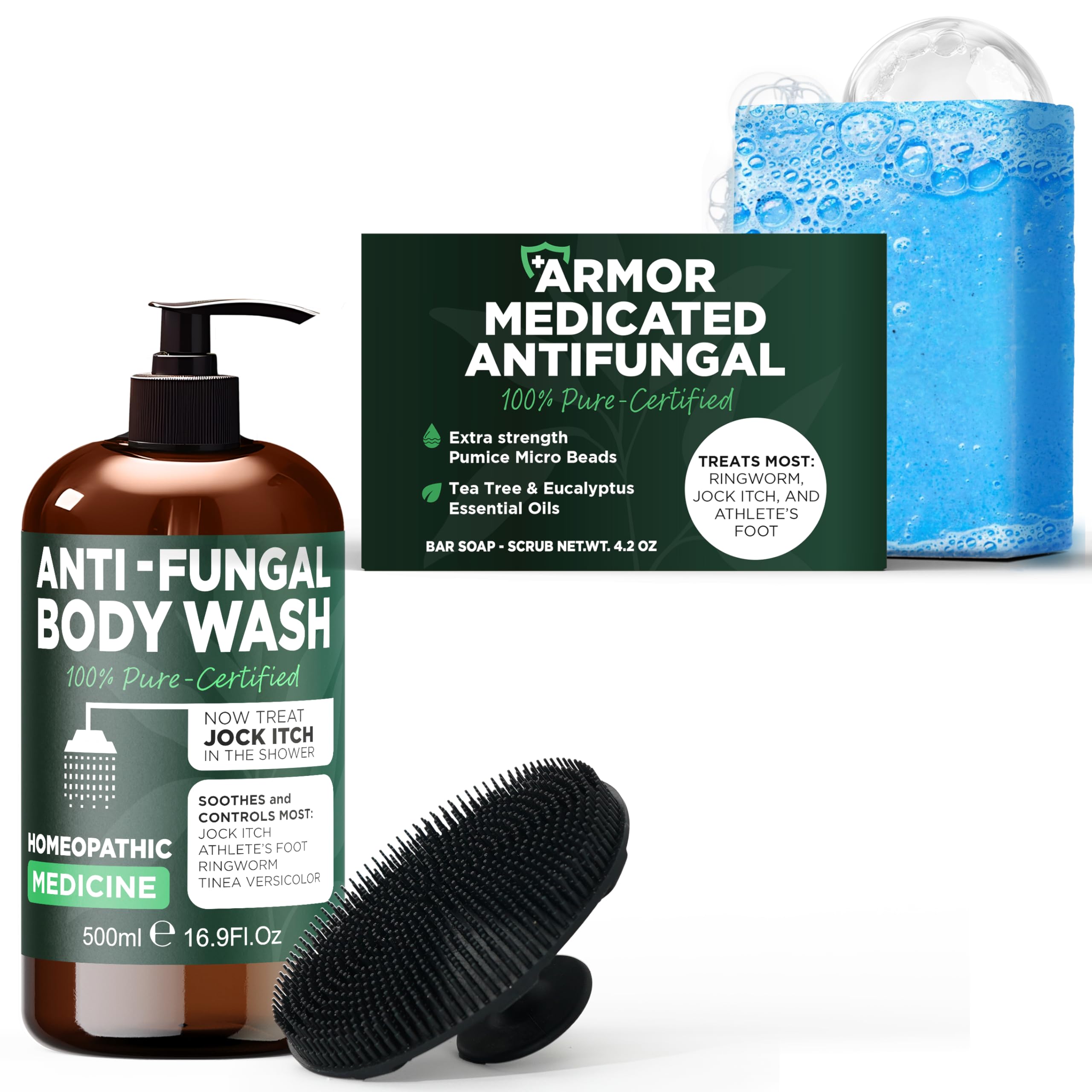 Antifungal Body Wash & Medicated Bar Soap Set with Tea Tree Oil - Treats Jock Itch, Ringworm, Athlete’s Foot & Back Acne - Antibacterial Deep-Cleansing Formula with Exfoliating Scrubber - Ideal for Gym, Sports & Daily Hygiene