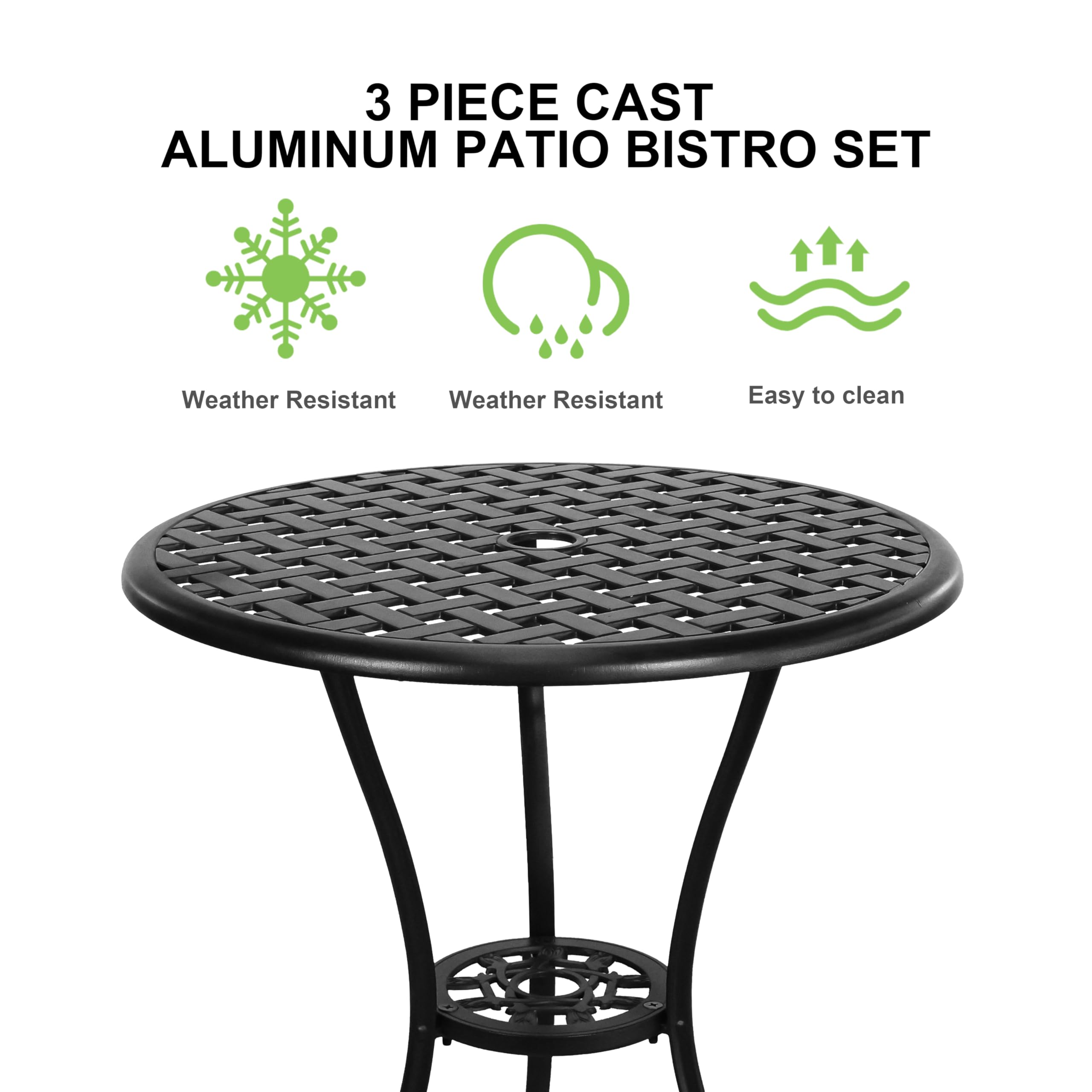 3-Piece Black Cast Aluminum Bistro Patio Set with 2 Chairs & Umbrella Hole - All-Weather Outdoor/Indoor Dining Set for Garden, Yard, Balcony or Cafe Use