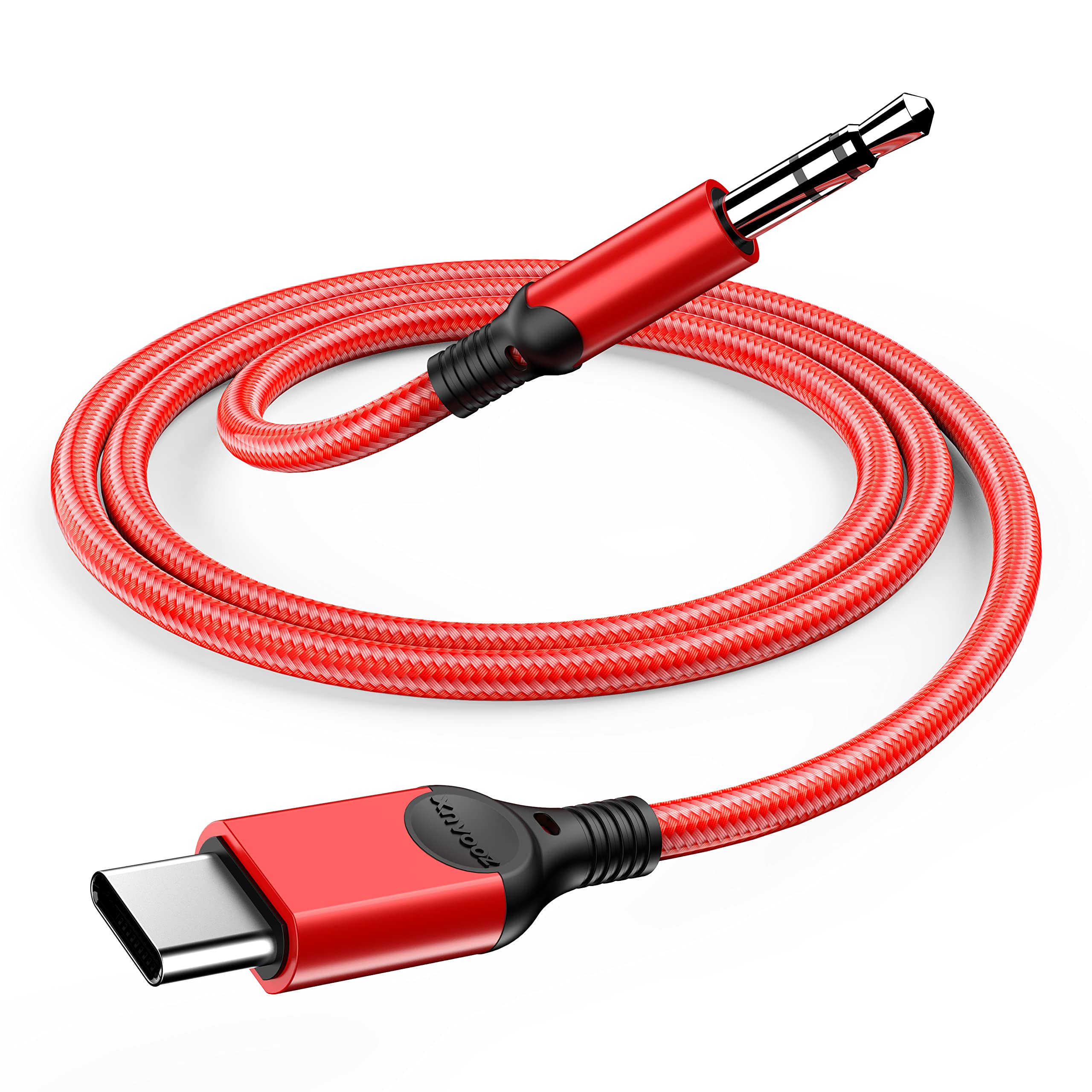ZOOAUX USB C to 3.5mm Audio Aux Jack Cable [4ft] - Type C to Headphone Adapter for iPhone 15, iPad Pro, Samsung Galaxy S23/S20/Note20, Google Pixel, OnePlus - Compatible with Car Audio, Gaming Headsets & Home Theater (Red)
