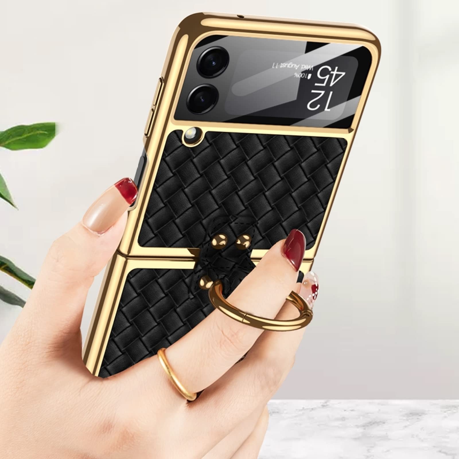 Premium Woven Leather Case for Samsung Galaxy Z Flip 3 | Electroplating Ring Design | Slim Protective Cover for Women | Perfect for Work, Travel & Everyday Use