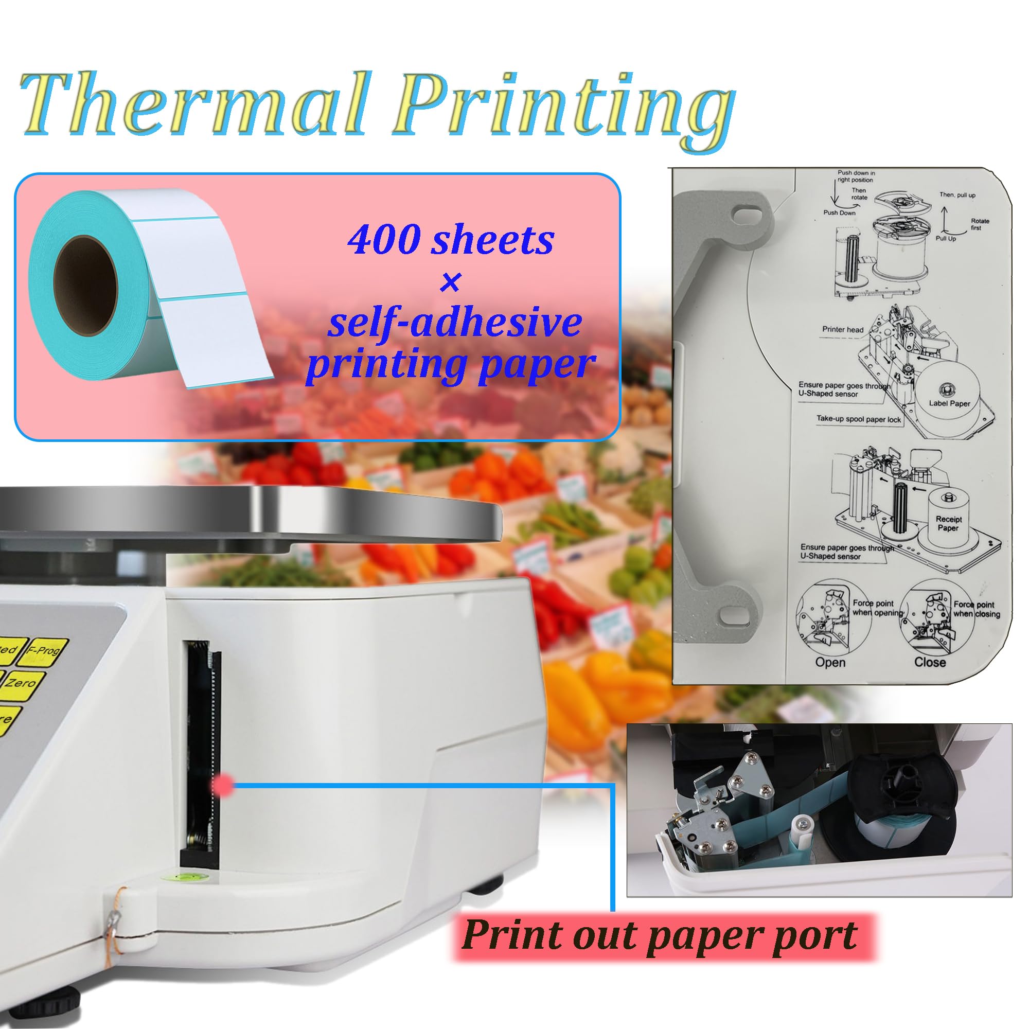INTSUPERMAI 30lbs Digital Price Computing Scale with Thermal Label Printer - 4 Display Windows & Pole - Double-sided Commercial Supermarket Scale for Retail, Grocery, and Warehouse Use