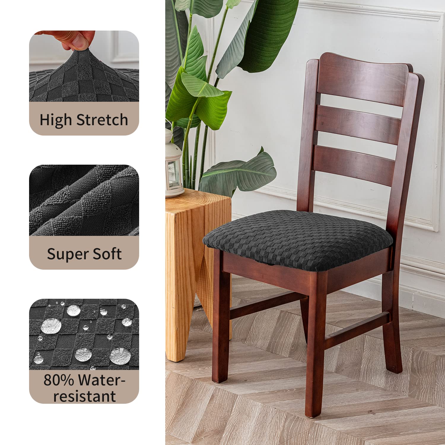 Waterproof Jacquard Dining Room Chair Covers - Set of 6 Dark Grey Washable Seat Protectors for Kitchen & Dining Chairs - Perfect for Family Meals, Parties & Spill Protection