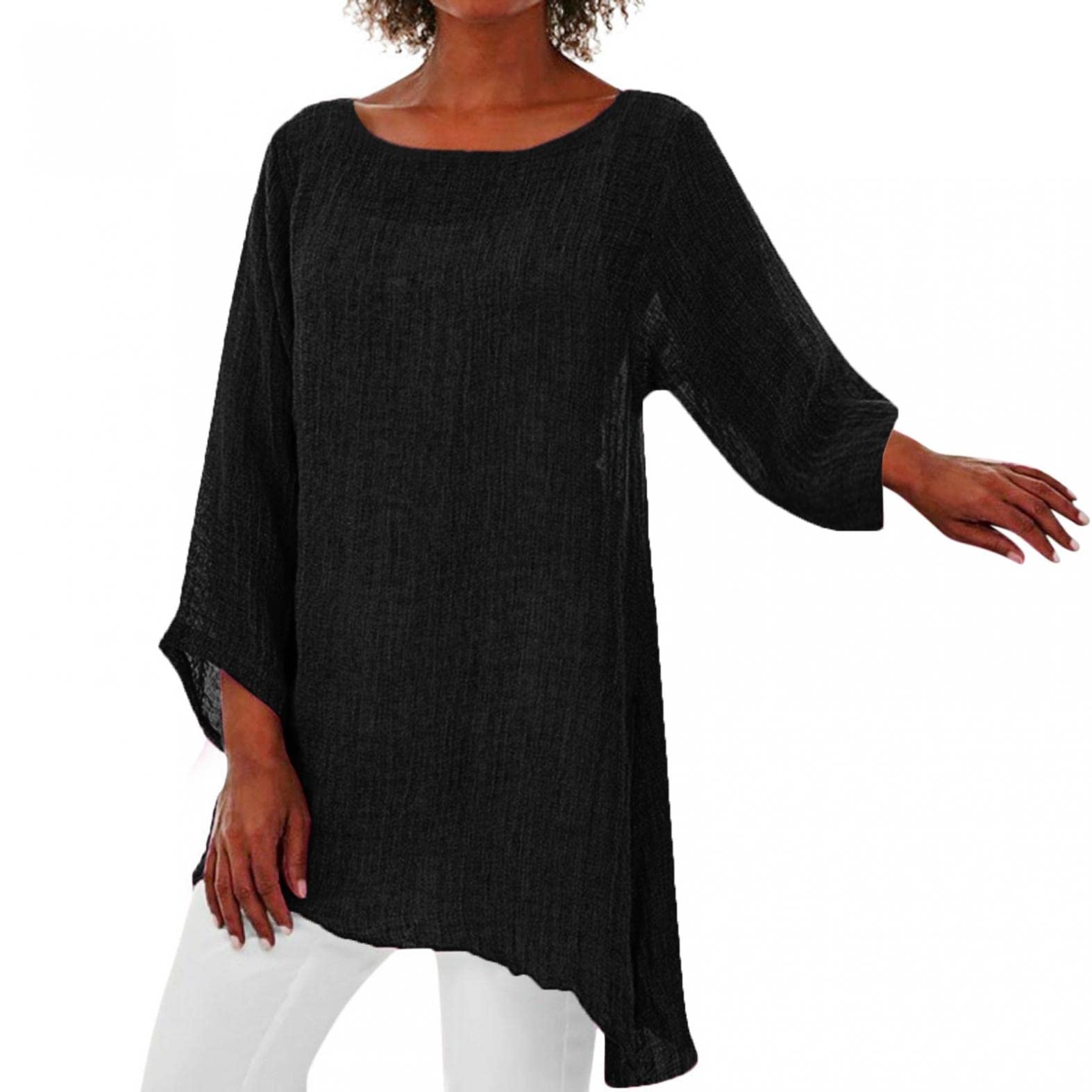 Women's Cotton Linen Long Sleeve Tunic Top - Loose Boat Neck Blouse with Irregular Hem | Summer Casual Shirt for Plus Size | Perfect for Beach Outings, Weekend Brunch & Boho Style Outfits