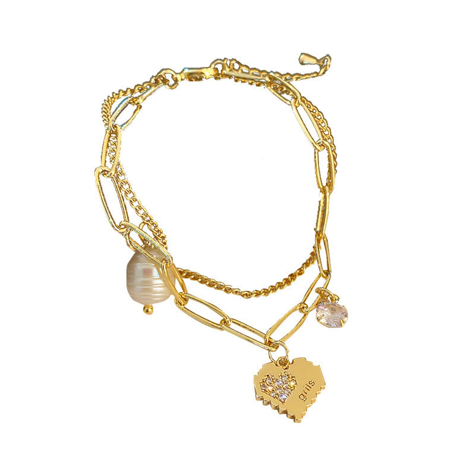 Kaloaede Double Deck Heart Bracelet for Women - Elegant Love Heart Pendant with Tassel, Silver Engraved Jewelry Gift for Girlfriend, Anniversary & Valentine's Day Present (One Size)