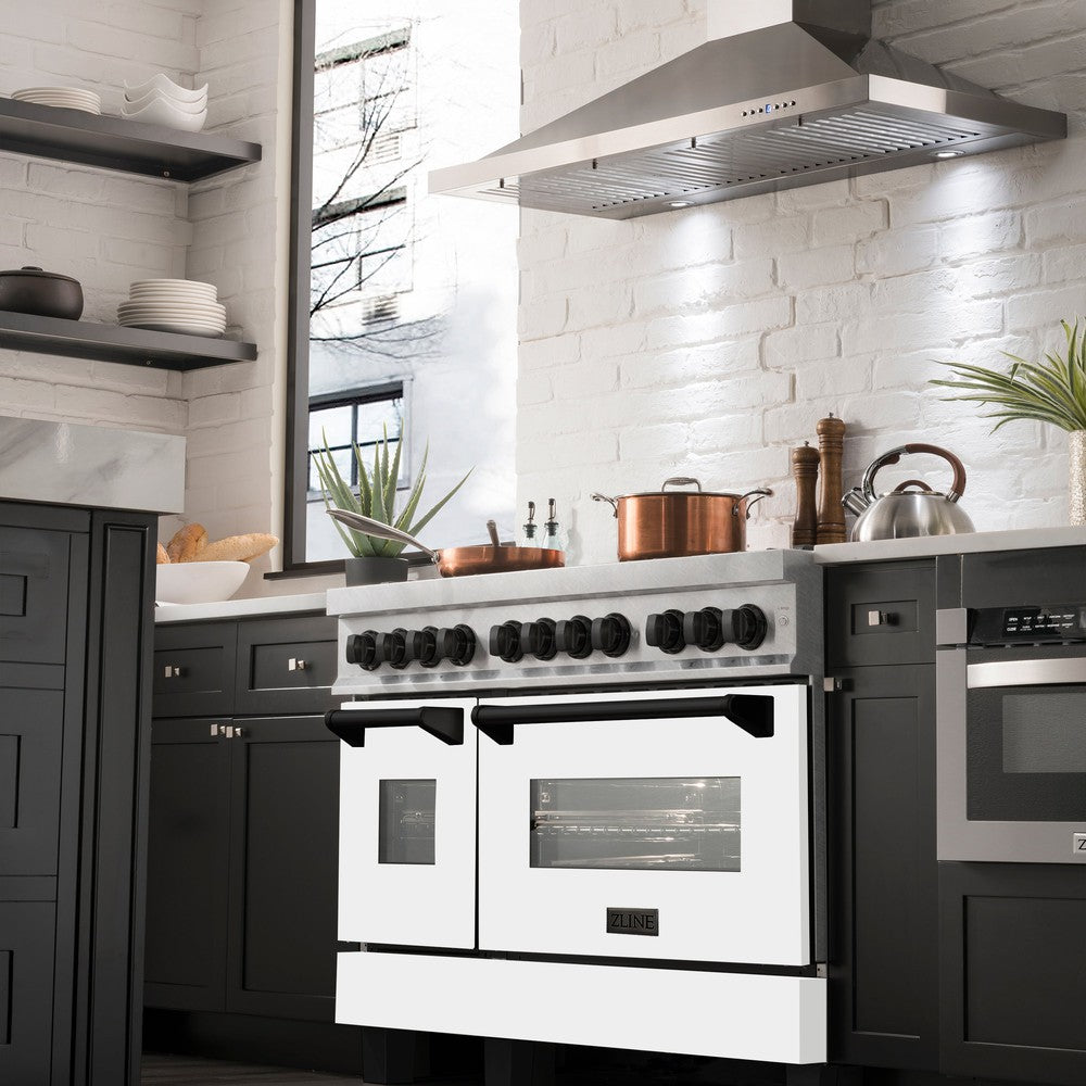 ZLINE Autograph Edition 48-inch Dual Fuel Range - 6.0 cu. ft. Capacity, 7-Burner Gas Cooktop & 2 Electric Ovens - Satin Stainless Steel with White Matte Doors & Matte Black Accents (RASZ WM 48 MB) - Perfect for Gourmet Kitchens & Professional Home Chefs
