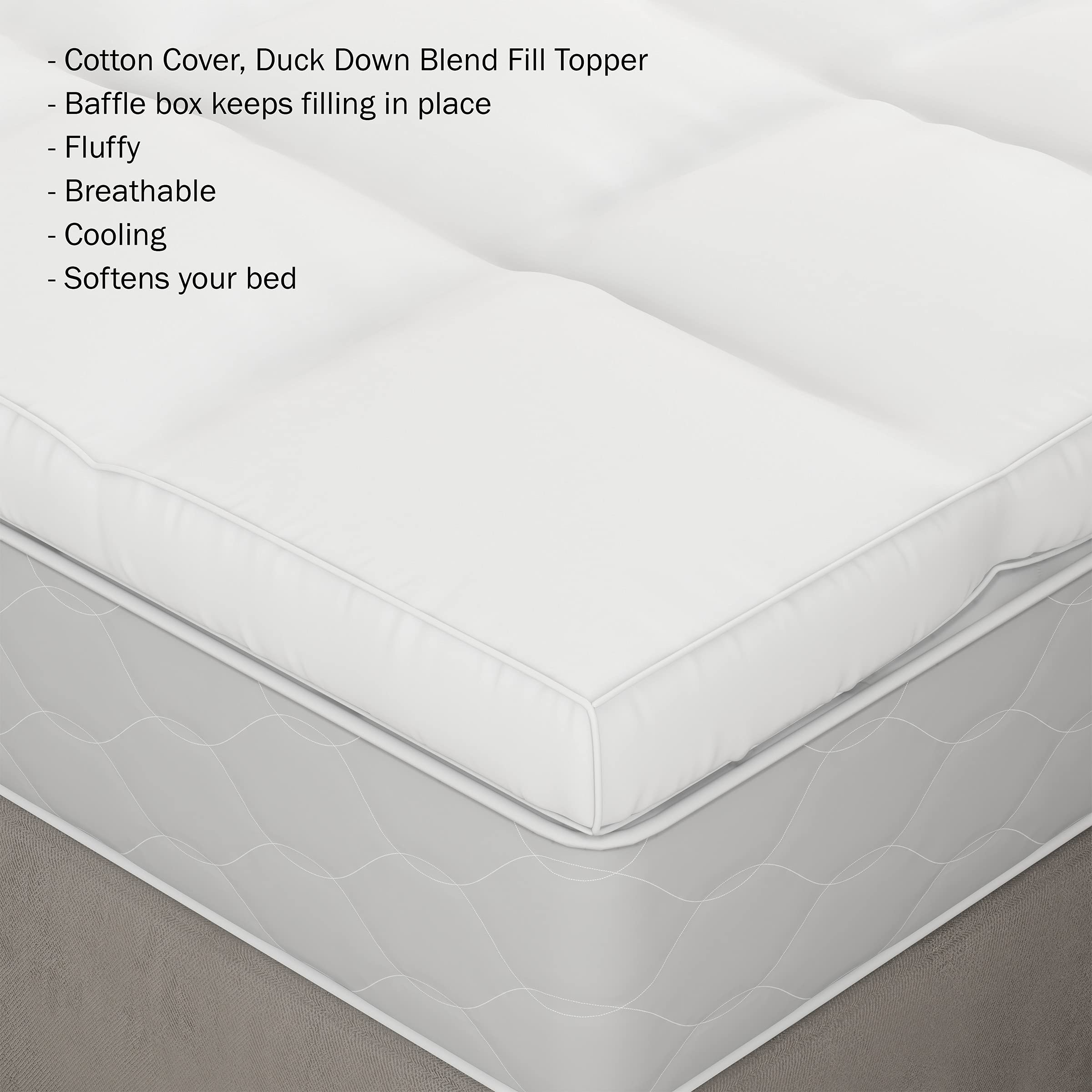Lavish Home 4-Inch Queen Pillow Top Mattress Topper - Plush & Supportive Baffle Box Down Featherbed with Duck Feathers & Cotton Cover (White) | Perfect for Back Pain Relief, Guest Beds & Luxury Hotel-Style Comfort
