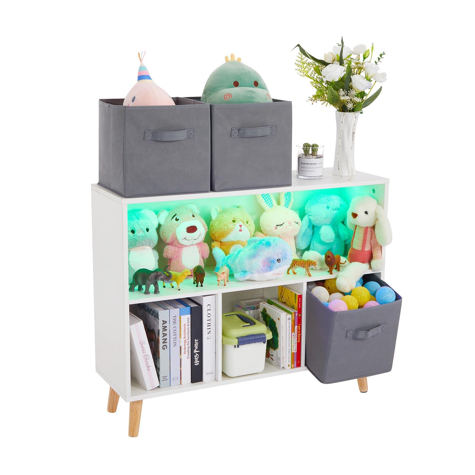 Wooden Kids Toy Storage Organizer with Shelves - Multifunctional Bookshelf & Toy Bin Organizer for Children's Room (Grey) - Perfect for Playroom, Bedroom & Nursery Organization