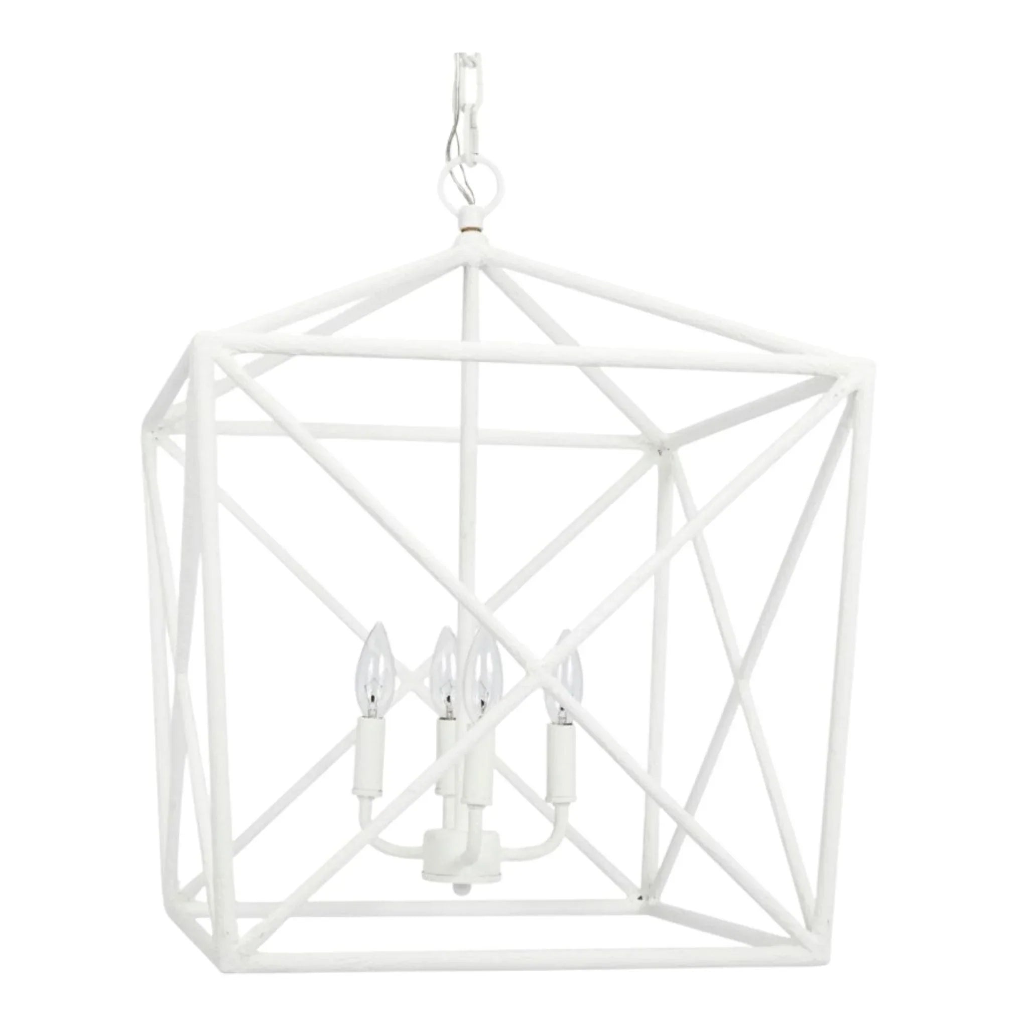 White Hanging Cage Lantern with 4 Candlestick Lights - Vintage Farmhouse Decor for Porch, Garden, and Outdoor Wedding Lighting