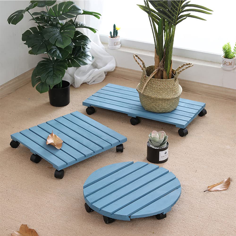 **Rolling Flower Pot Tray - 35cm Round Solid Wood Base with Universal Wheels, Blue - Perfect for Indoor/Outdoor Plant Mobility & Decoration**