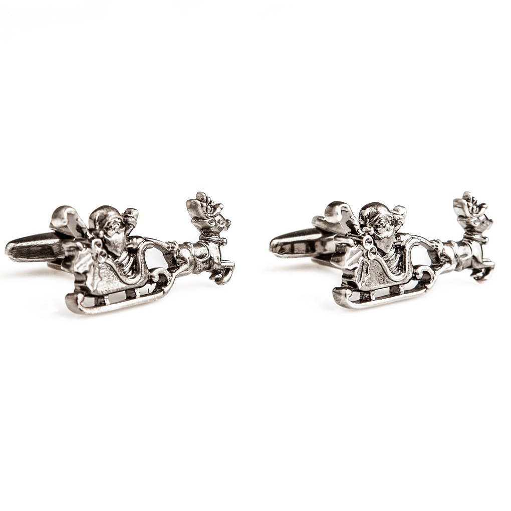 MRCUFF Santa Claus Christmas Reindeer Sleigh Cufflinks Set - Sterling Silver Dress Cuff Links for Men with Gift Box & Polishing Cloth - Perfect for Holiday Parties, Weddings & Formal Events