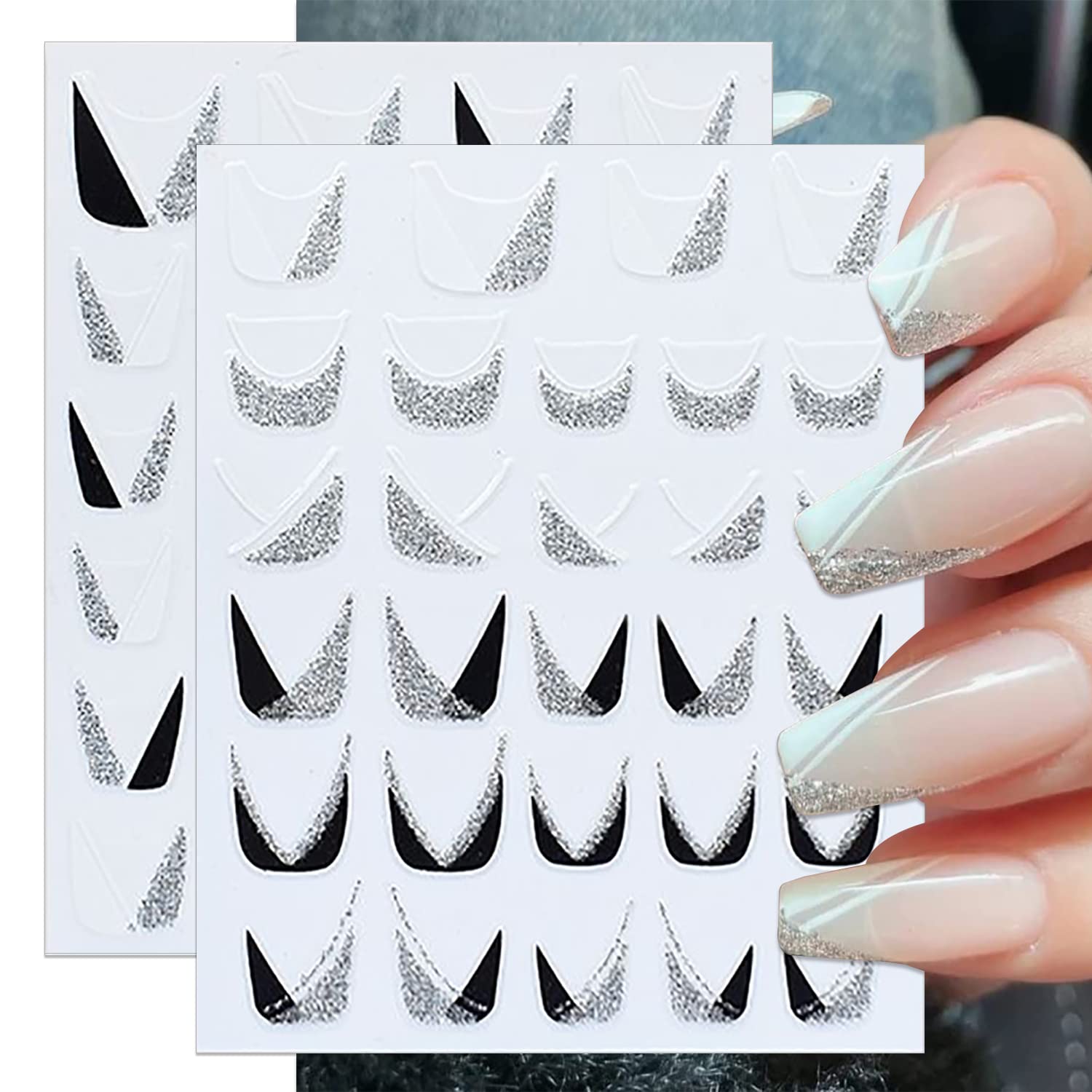 SILPECWEE 12 Sheets French Tip Nail Stickers - Glitter Nail Art Decals, Self-Adhesive 3D Nail Designs for French Manicure | Perfect for DIY Nail Art, Salon Use, Parties & Special Occasions