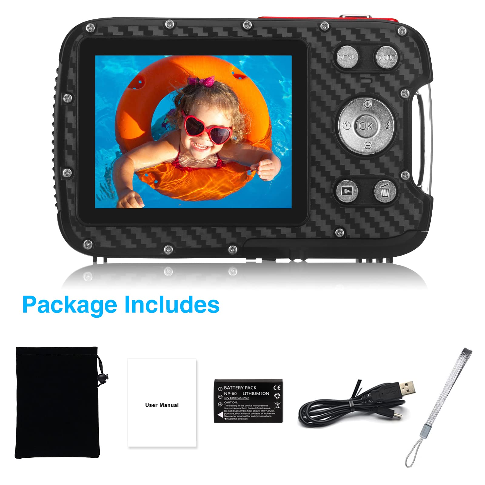 Waterproof Digital Camera 1080P HD 21MP - 17FT Underwater Camera with Rechargeable Battery & 32GB SD Card - Point and Shoot Camera for Kids Snorkeling, Swimming, Beach Vacations & Water Sports (Red)