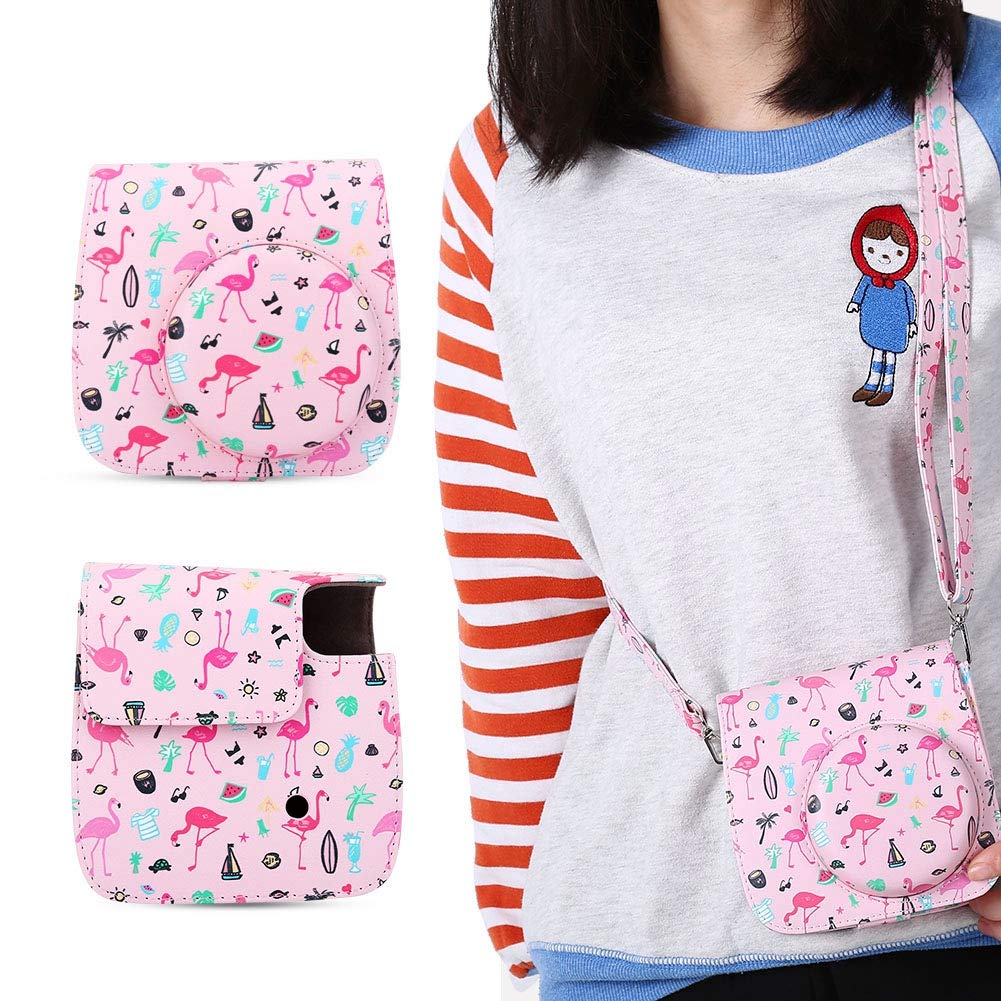 ANGGREK Flamingo Pattern PU Leather Camera Case Bag with Strap - Protective Pouch for Fujifilm Mini 8/8+/9/9+ & Instant Cameras - Perfect for Travel, Parties & Everyday Photography
