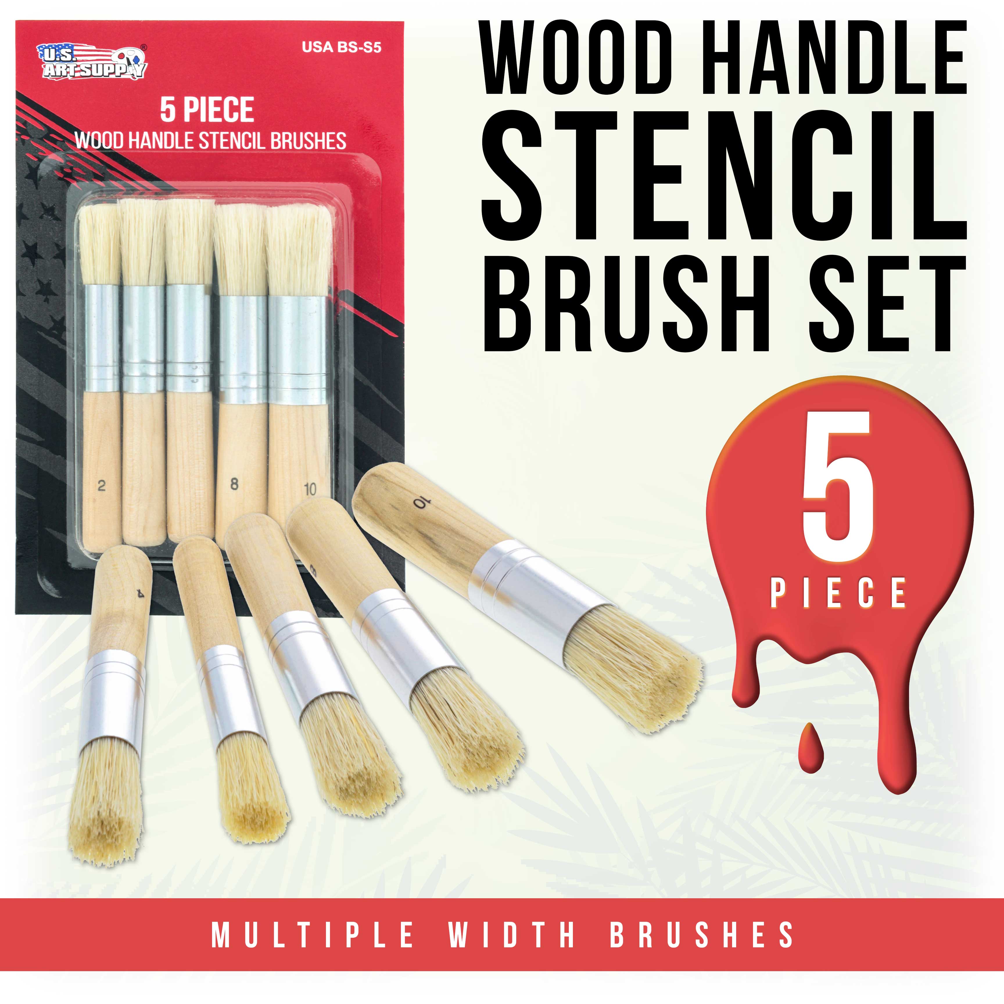 U.S. Art Supply 5-Piece Wood Handle Stencil Brush Set - Natural Bristle Template Paint Brushes for Watercolor, Acrylic & Oil Painting - Perfect for DIY Craft Projects, Scrapbooking & Home Decor