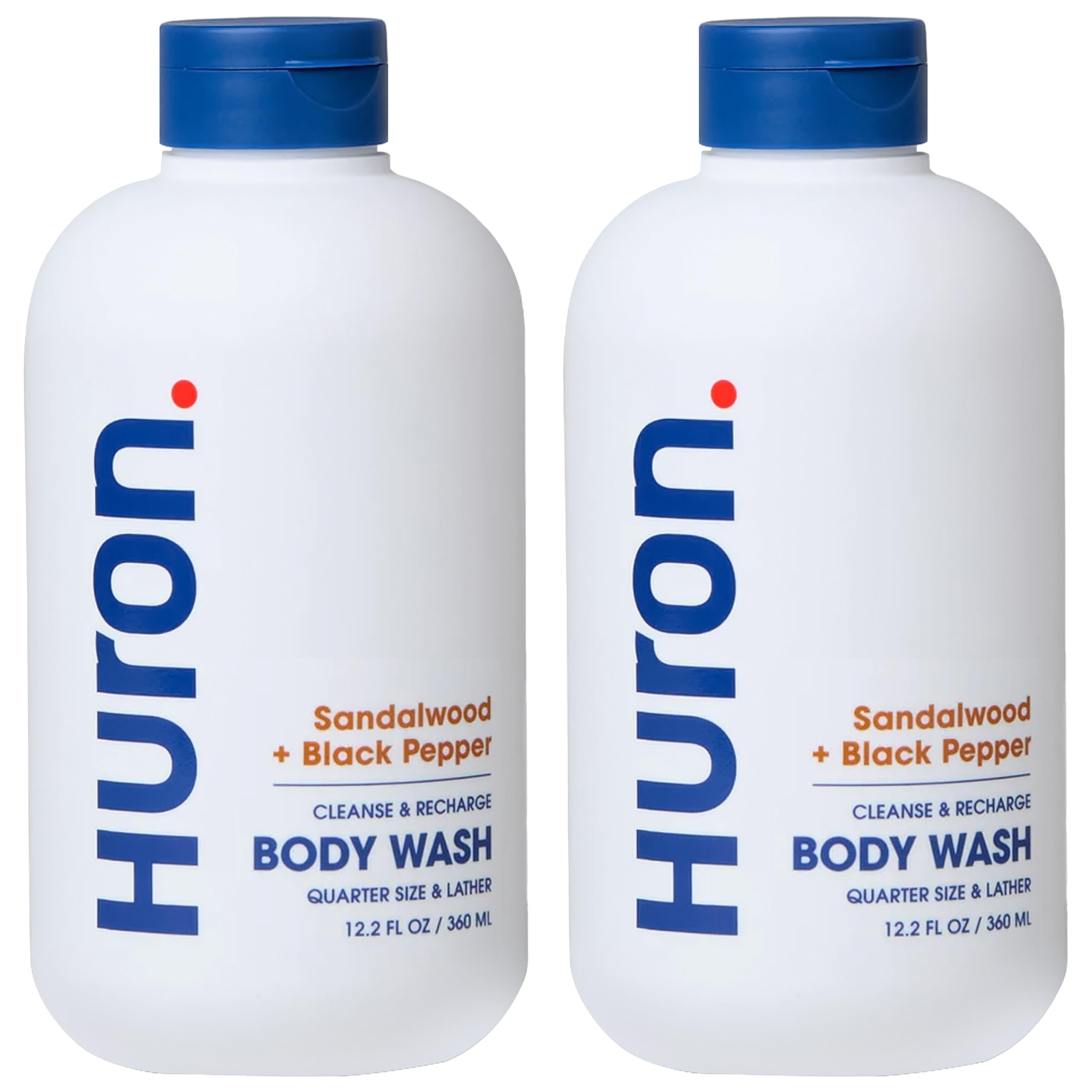 Huron Men’s Moisturizing Body Wash - Sandalwood, Black Pepper & Cedarwood Scent - Coconut Oil, Vitamin E & Witch Hazel - Vegan & Cruelty-Free - 12.2 fl oz (2 Pack) - Perfect for Shower & Gym Use