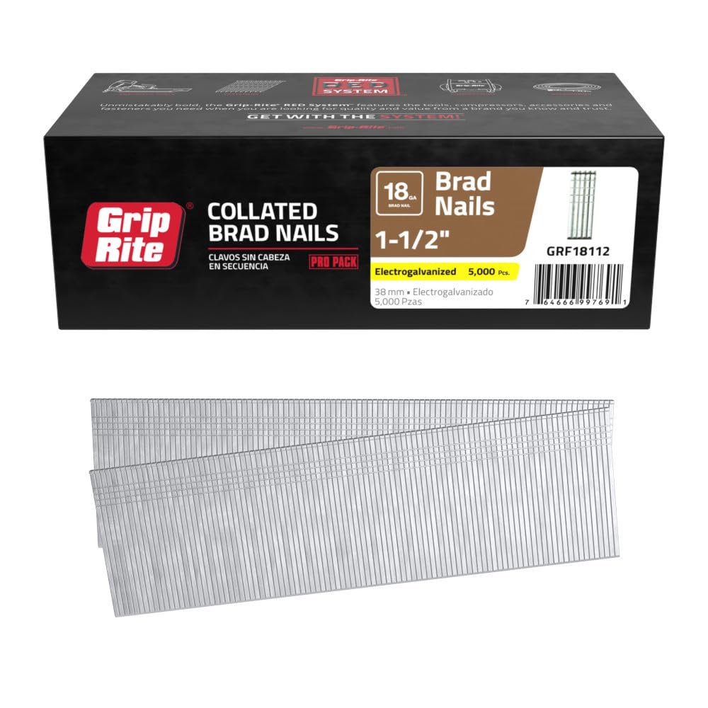 Grip Rite Prime Guard GRF18112 18-Gauge Galvanized Brad Nails 1-1/2-inch, 5,000 Pack, Steel Flat Nails for Woodworking, Trim, and Cabinetry
