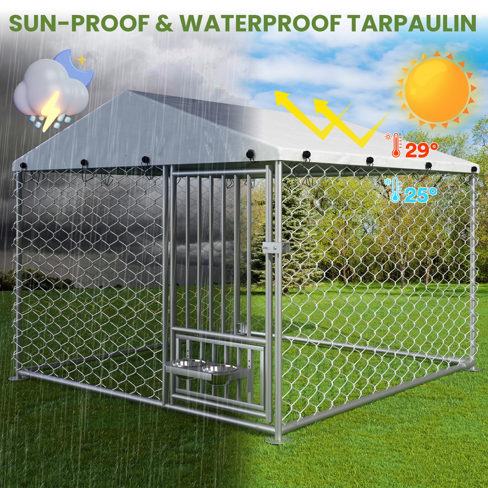 Heavy Duty 6.7x6.7x5 FT Outdoor Dog Kennel with Roof & Rotating Bowls - Durable Shelter for Small & Medium Dogs - Perfect for Backyard, Patio or Camping Use