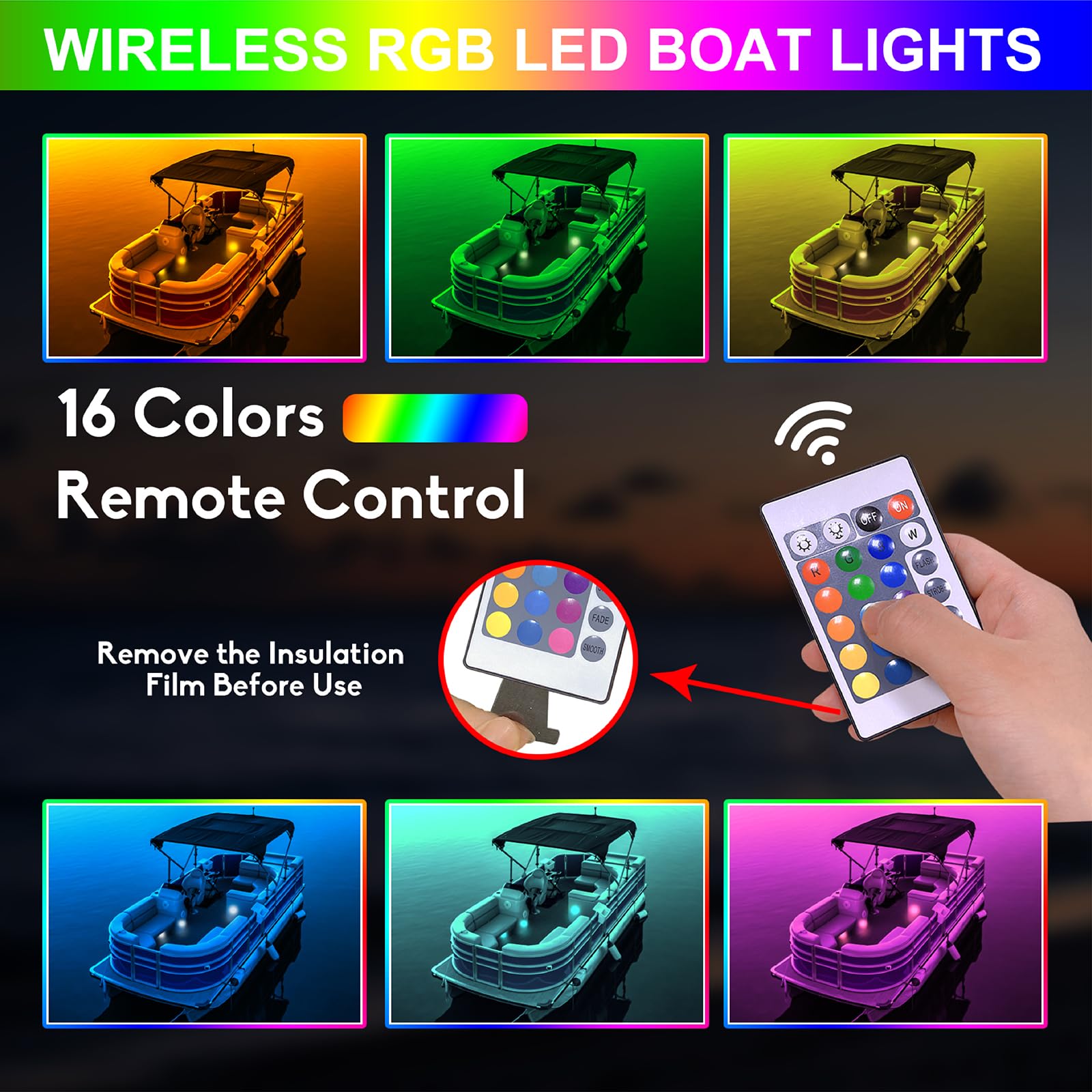 RGB LED Boat Lights with Wireless Remote - Waterproof Marine Lighting for Interior, Deck & Courtesy Use - Battery Operated for Pontoon, Jon Boat, Kayak & Fishing Boats (2 Pack) - Perfect for Night Fishing & Party Lighting