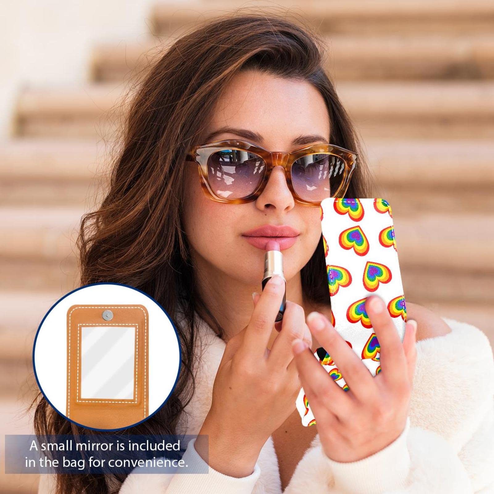 Personalized Lipstick Case - Rainbow Heart Makeup Pouch for Travel & Daily Use