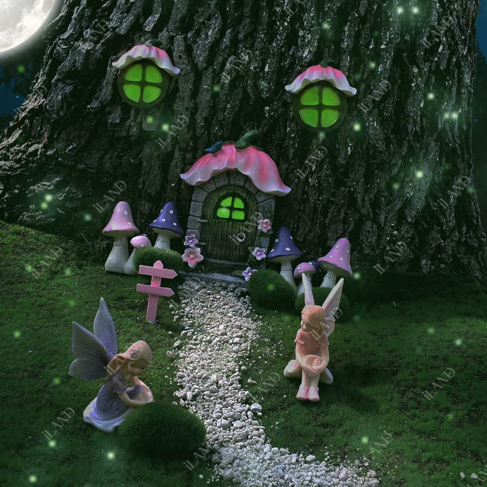 Iland Fairy Garden Accessories - Miniature Glow in Dark Fairy House with Door & Windows for Trees, Pink Petal Style for Outdoor & Indoor Garden Decor