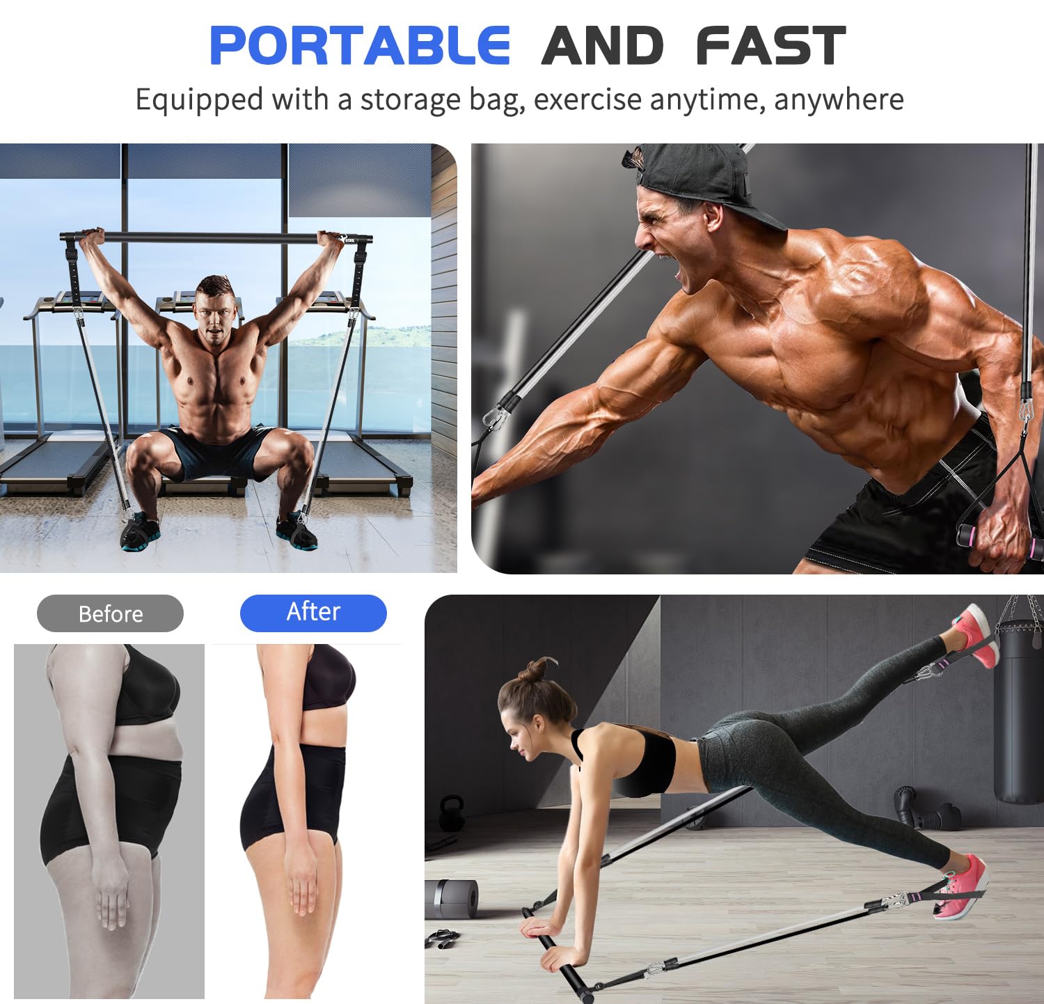 Qicool Pilates Bar Kit with Resistance Bands - Full Body Workout Equipment for Women & Men - Home Gym, Yoga & Fitness Training - Perfect for Strength Training, Toning & Stretching Exercises