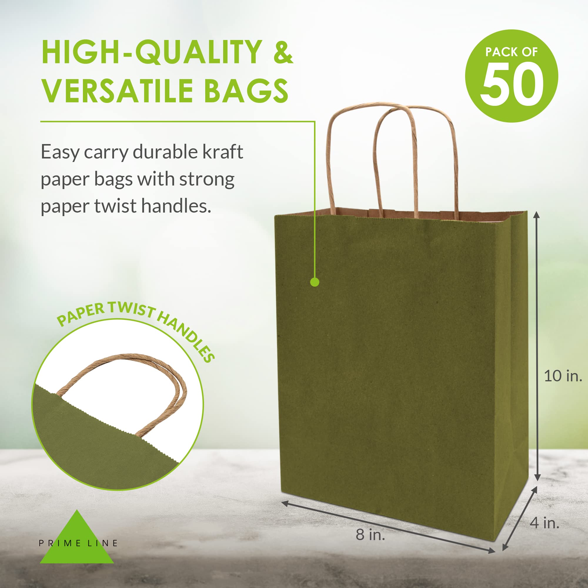 Premium 8x4x10 Inch Small Green Kraft Paper Gift Bags with Handles - 50 Pack Bulk Wholesale for Small Business, Boutique, Christmas Gifts, Party Favors & Retail Packaging | Eco-Friendly & Durable for Weddings, Baby Showers & Holiday Events
