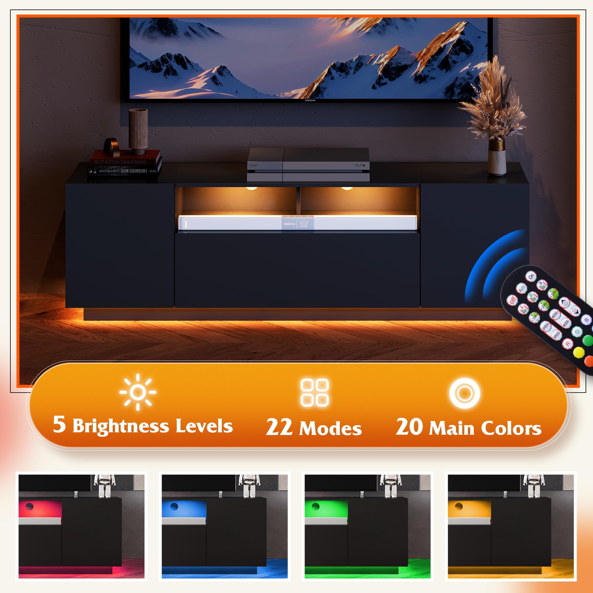 Modern TV Stand for 65 Inch TV with LED Lights & Storage Cabinet - 58