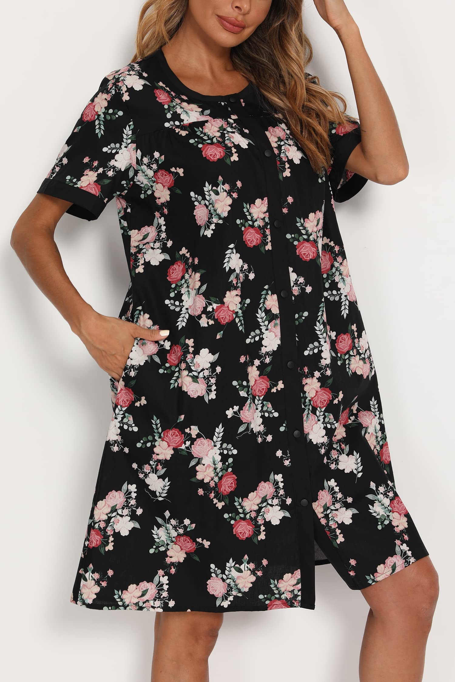 YOZLY Women's Short Sleeve House Dress - Comfortable Cotton Duster Robe with Pockets | Perfect for Lounging, Morning Coffee & Nursing Maternity Wear