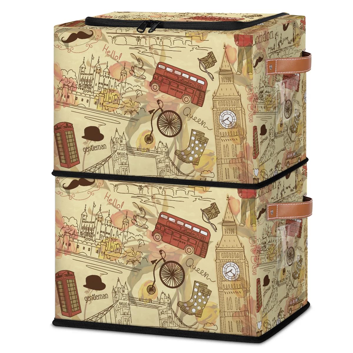 Vintage Stackable Storage Bins with Zipper Lid & Metal Frame - 2 Pack PU Handled Closet Organizer Baskets for Clothes, Toys, and Home Organization | Perfect for Bedroom, Closet, and Office Storage