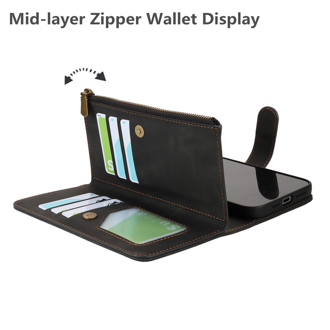 Premium PU Leather iPhone 12/12 Pro Wallet Case with Card Holder & Magnetic Clasp - 2-in-1 Shockproof Flip Cover with Detachable Wrist Strap & Zipper Pocket (Black) - Perfect for Everyday Use, Travel & Hands-Free Convenience